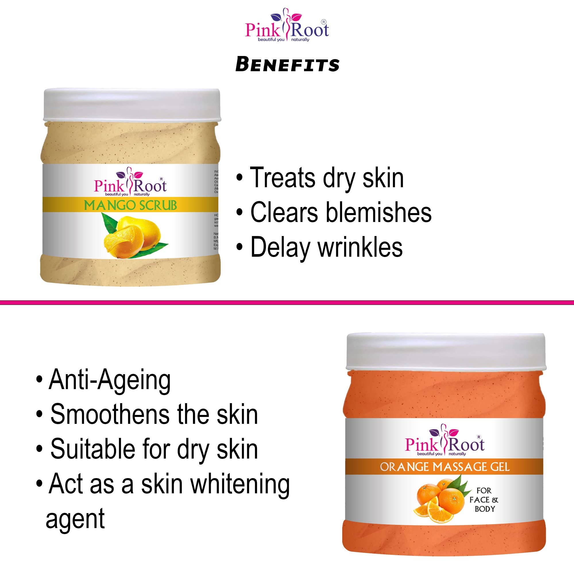 Pink Root Orange & Mango Scrub Massage Gel Set - 500ml Each | Exfoliating & Relaxing Body Treatment for Spa, Home Massage & Self-Care Routine