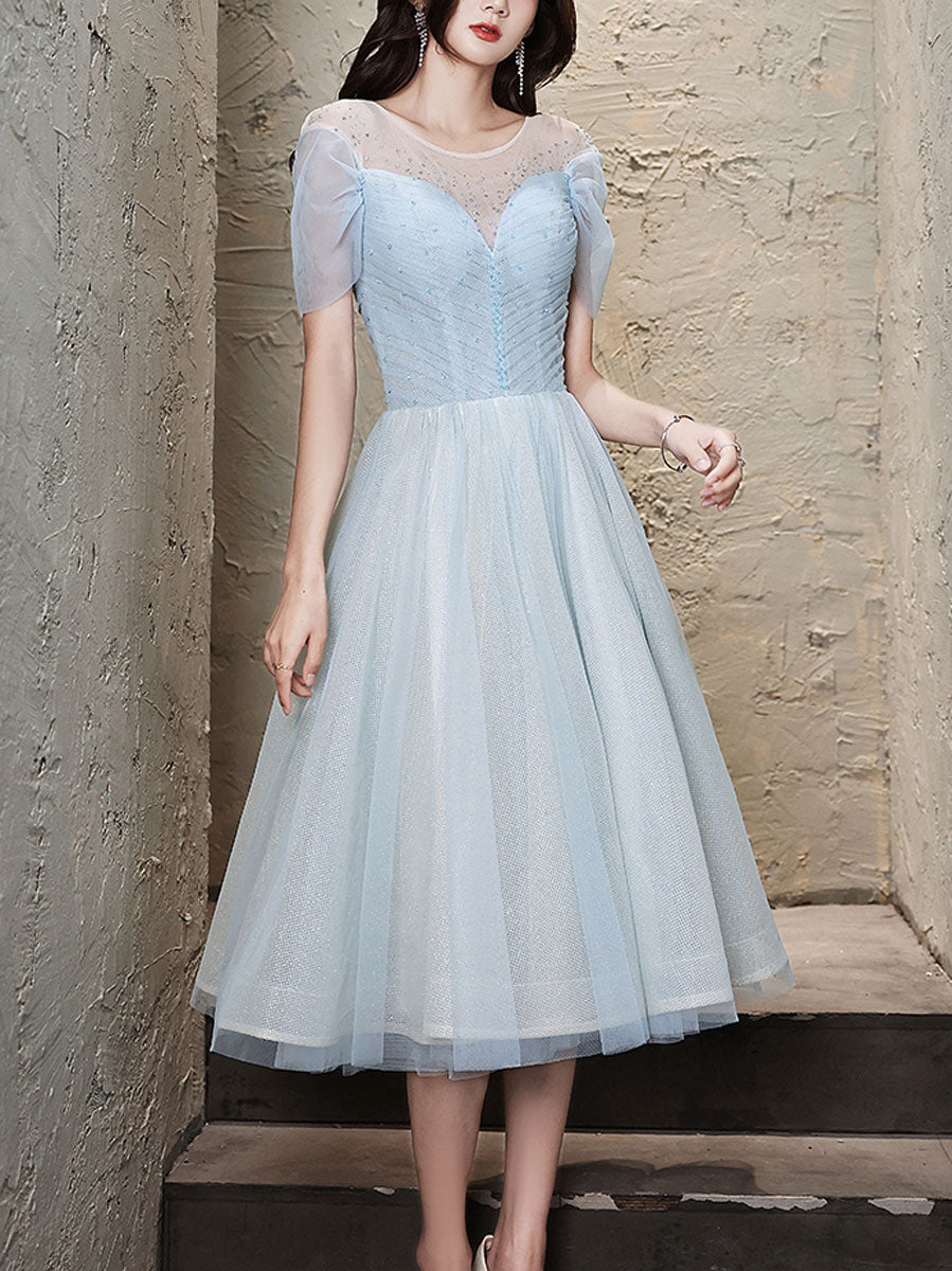 Elegant Blue Round Neck Tulle Short Prom Dress - Homecoming Party Gown for Teens | Perfect for Prom Night, Homecoming Dance & Special Occasions