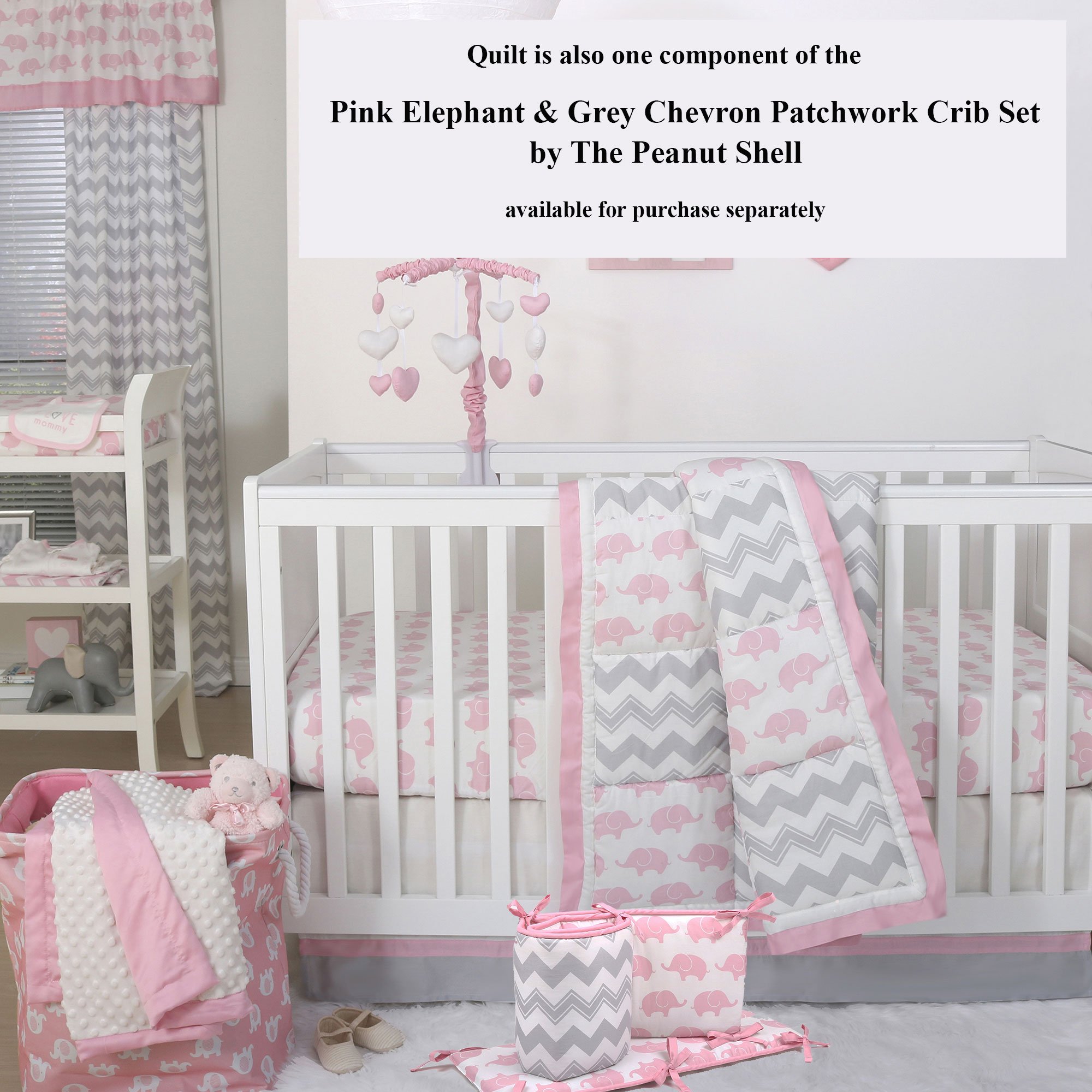 Soft Grey and Pink Elephant & Zig Zag Pattern Crib Quilt by The Peanut Shell - Cozy Nursery Blanket for Baby Boys & Girls