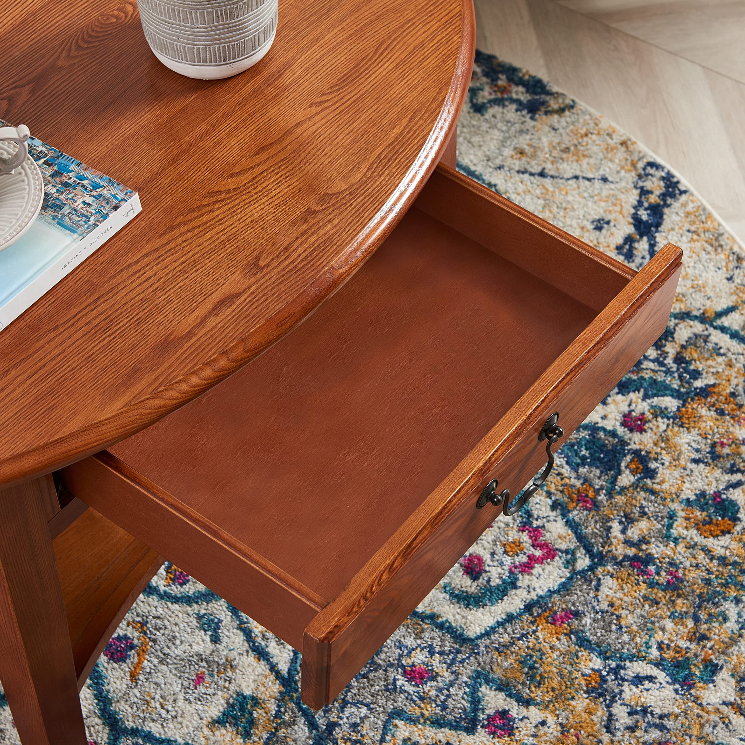 Haven Ridge Solid Wood Oval Coffee Table with Shelf - One Drawer, Medium Oak Brown by Leick Home - Perfect for Living Room, Lounge & Small Spaces - 9044-MED