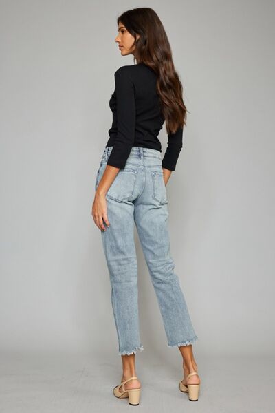 Kancan High Waist Button Fly Raw Hem Cropped Straight Jeans for Women - Trendy Distressed Denim Pants for Casual Outfits & Street Style Fashion