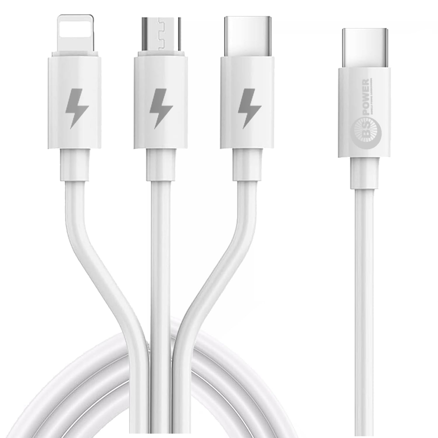 BS POWER 3-in-1 USB C Charging Cable - Universal Type C to Micro USB & Lightning Cable - Fast Charging Cord for iPhone, Android, iPad - Perfect for Travel, Home & Office Use (White)