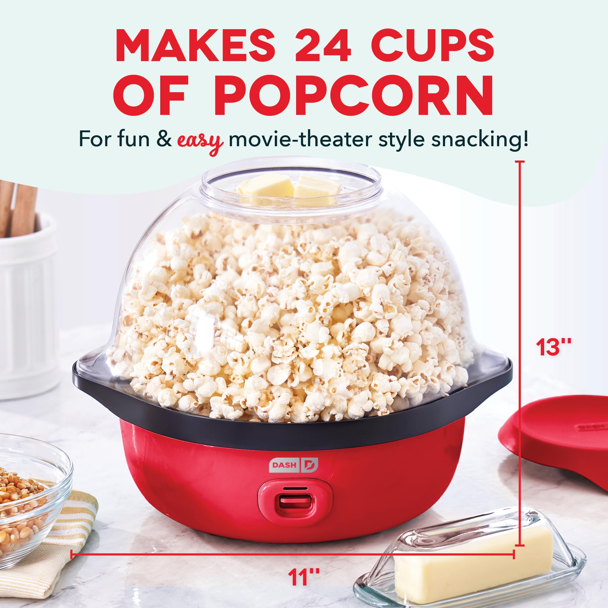 DASH SmartStore™ Deluxe Electric Popcorn Maker with Stirring Mechanism - Hot Oil Popcorn Machine with Large Serving Bowl Lid (24 Cup Capacity, Red) - Perfect for Movie Nights, Parties, and Family Snack Time