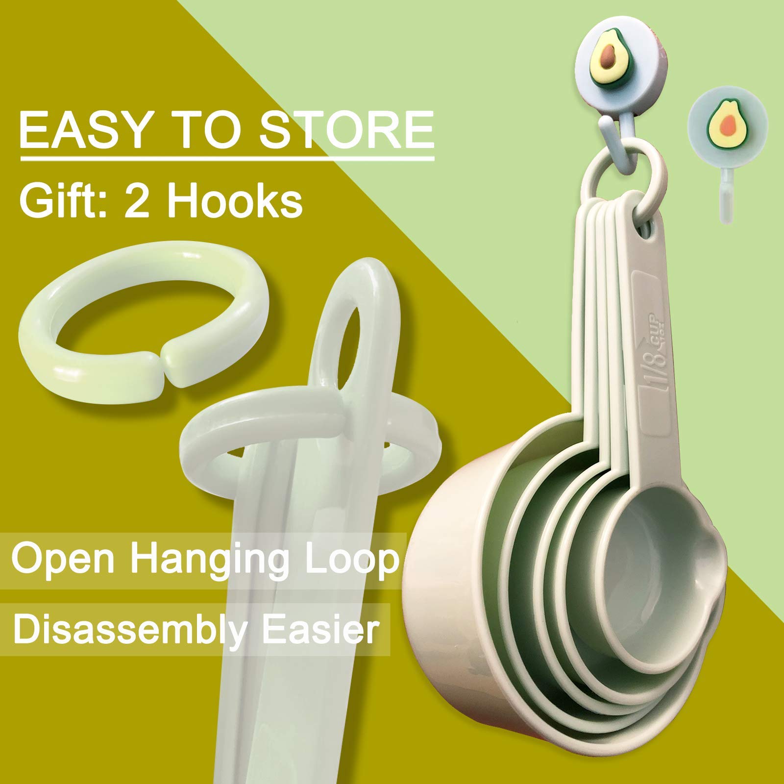 11-Piece Measuring Cups and Spoons Set - Durable Plastic, Nordic Colors (Green) - Includes 2 Kitchen Tool Hooks for Baking, Cooking & Meal Prep