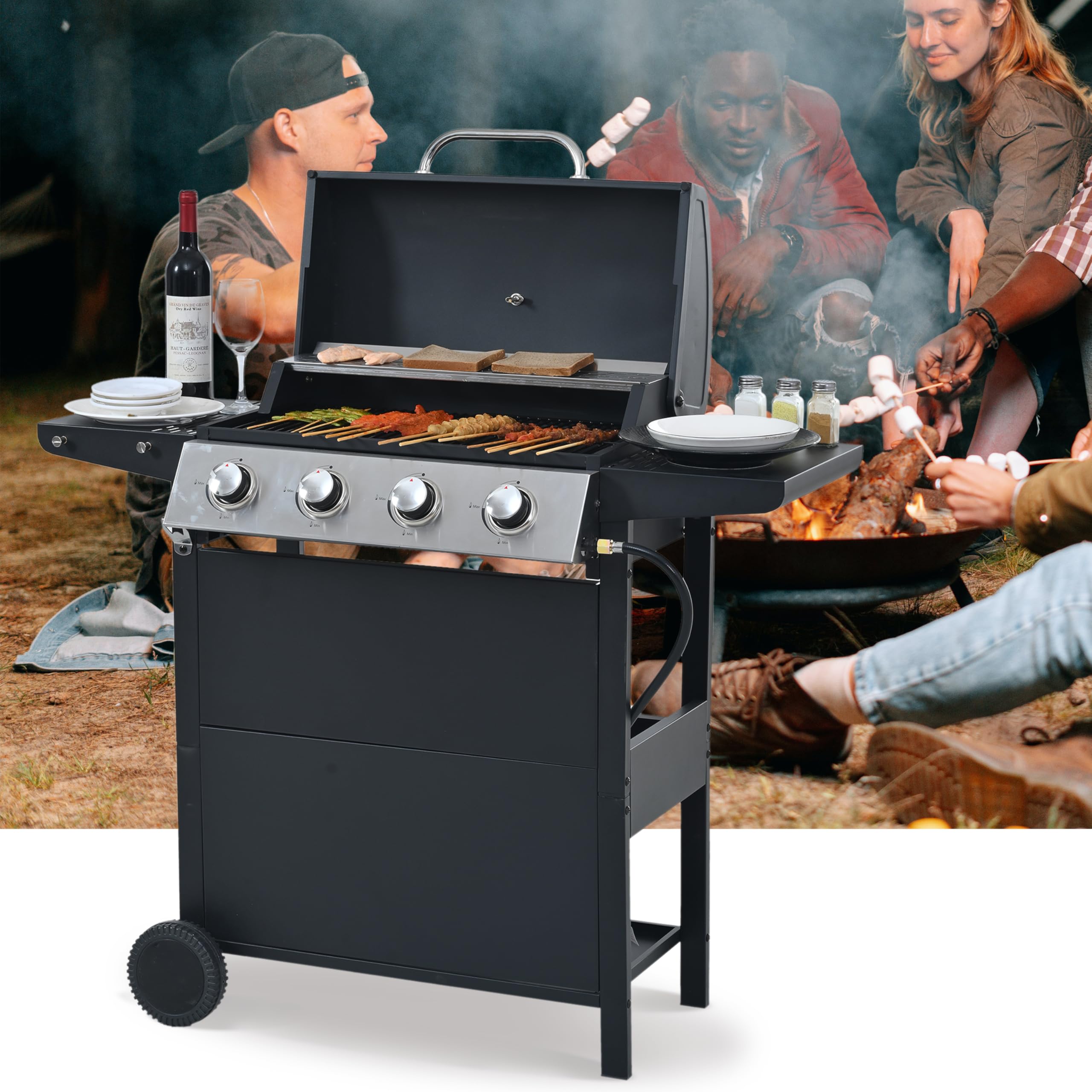 4 Burner Propane Gas Grill with Wheels - Heavy-Duty Stainless Steel Outdoor BBQ Grill for Backyard, Garden & Patio - Perfect for Family Gatherings, Camping & Tailgating Parties