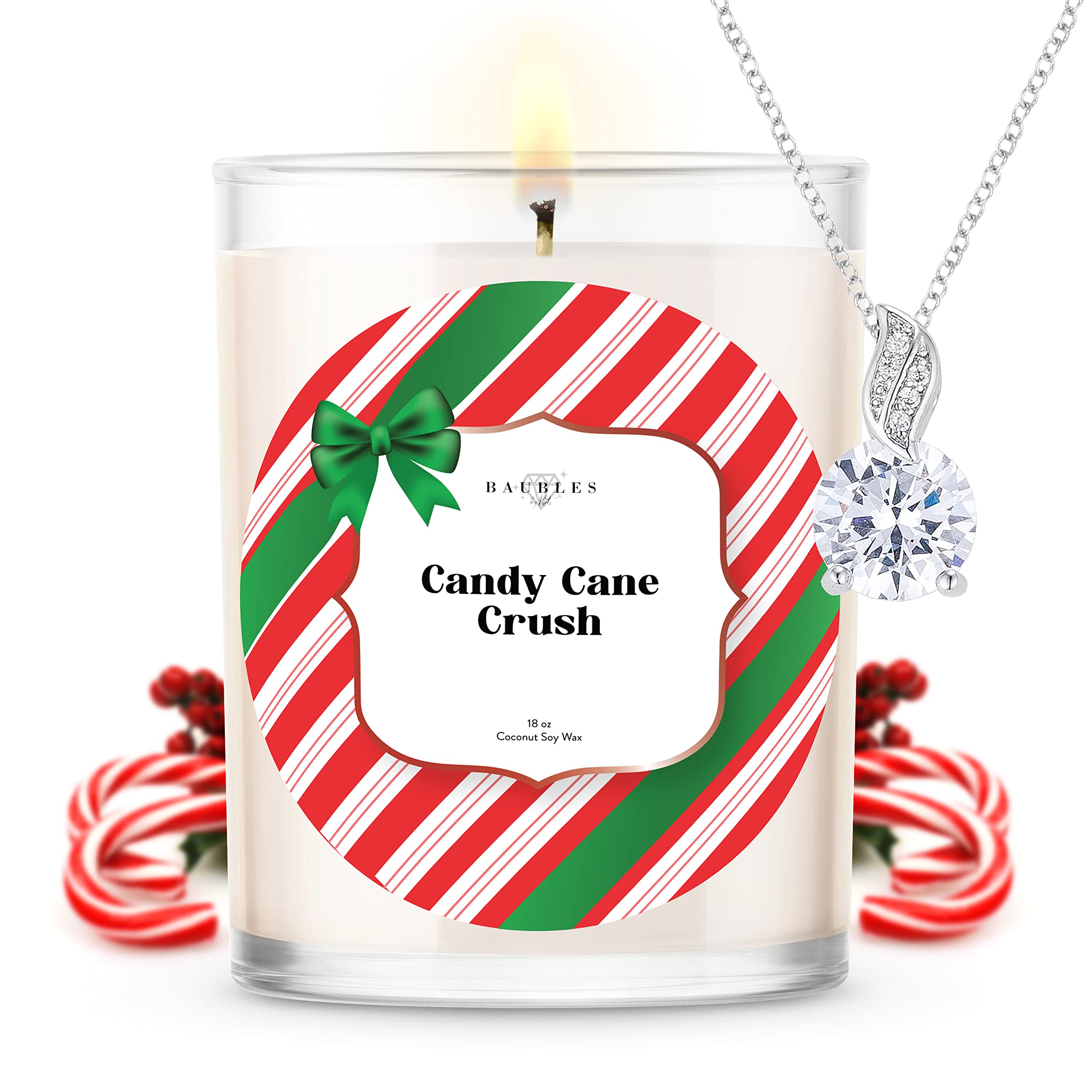 Kate Bissett Christmas Winter Candles with Jewelry Pendant Inside - Candy Cane Crush Scented Candle | Festive Home Decor & Holiday Gift Idea for Women | Perfect for Christmas Parties, Cozy Winter Nights & Gift Exchanges