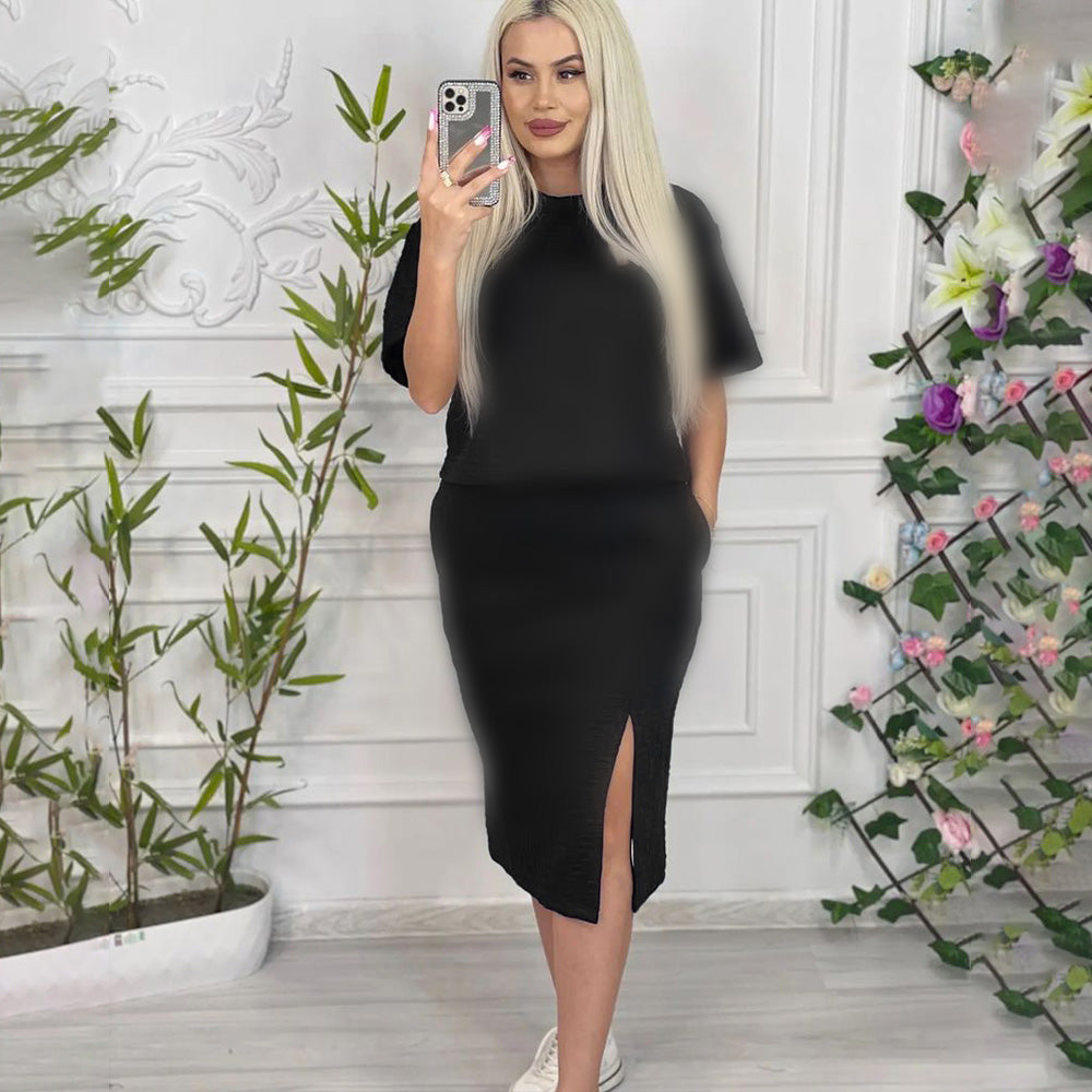 Women's Fashion Short Sleeve Top with High Slit Skirt Set - Casual Summer Outfit for Beach, Party & Date Night