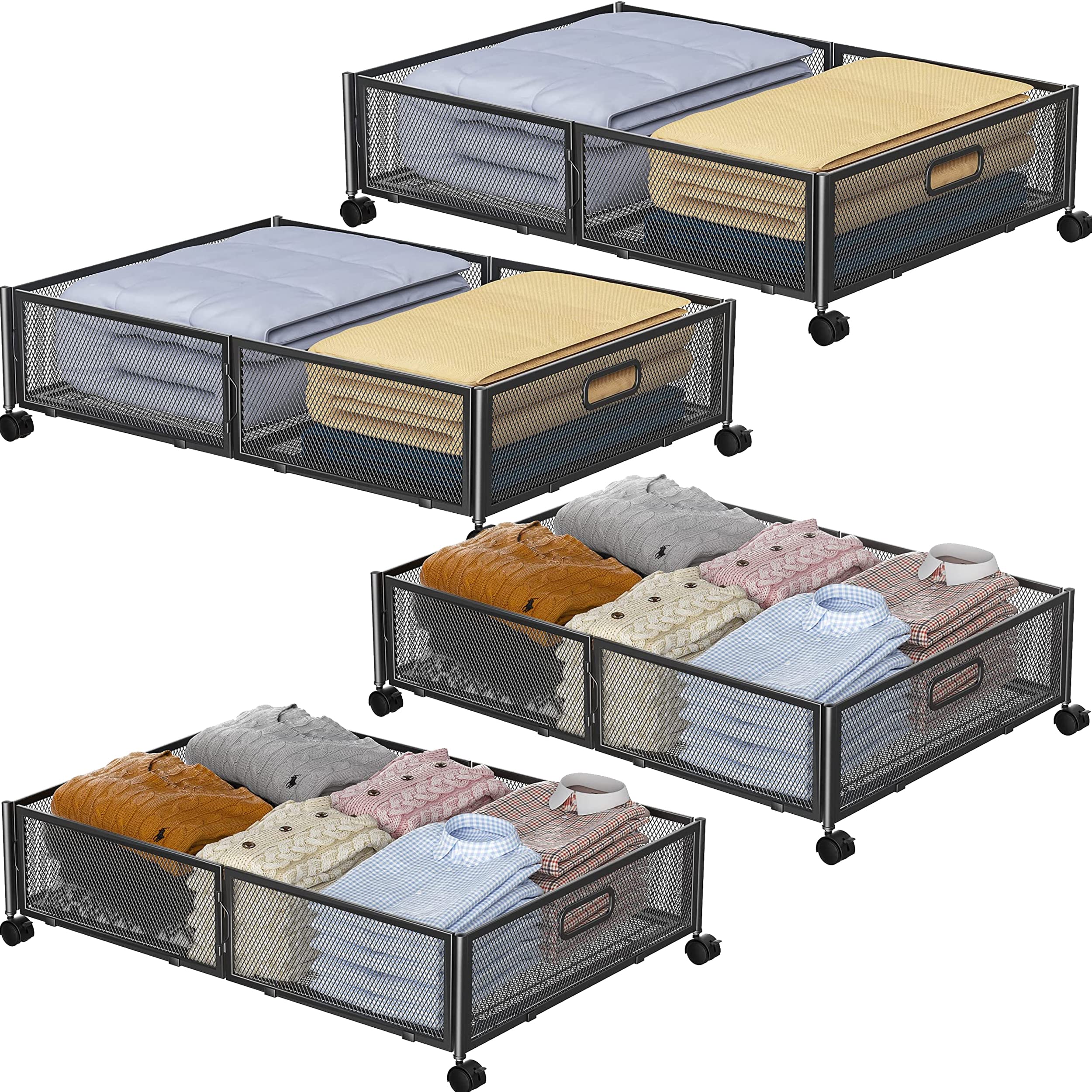 Under Bed Storage with Wheels - 4 Pack Metal Underbed Storage Containers & Drawers for Shoes, Clothes, Blankets | Bedroom Organization Solution | Space-Saving for Small Apartments & Dorm Rooms