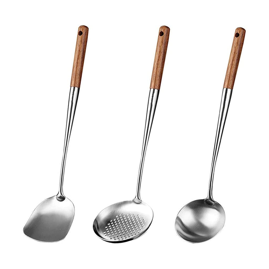 HGGDKDG 304 Stainless Steel Wok Spatula and Ladle Set - Professional Skimmer, Stir Fry Spatula for Cooking - Perfect for Asian Cuisine, Stir Frying, and Deep Frying
