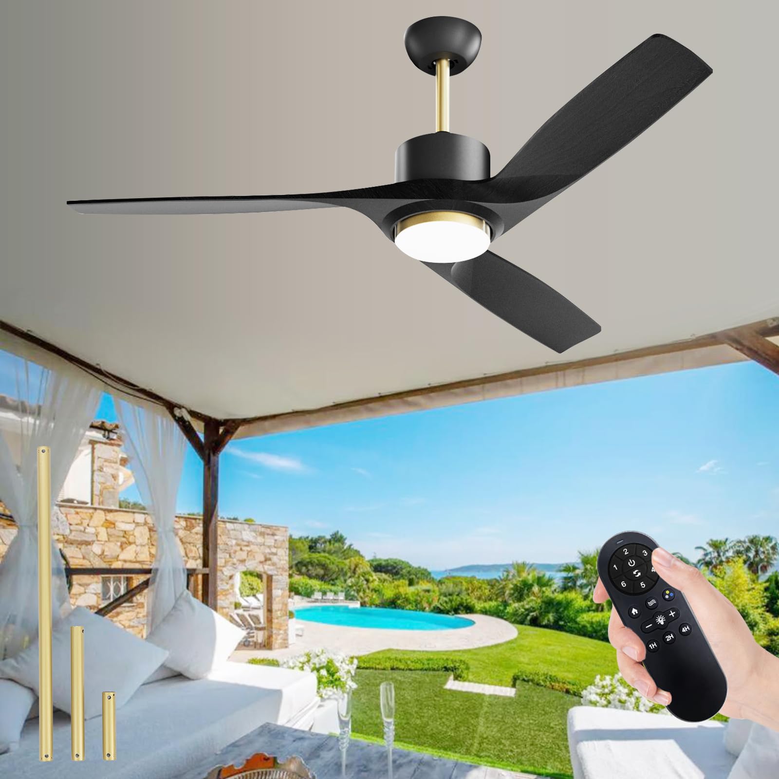 52 Inch Modern Black Ceiling Fan with Lights & Remote Control - 3 Blade Indoor/Outdoor Damp Rated Fan - High Airflow for Patio, Porch, Living Room & Bedroom - Energy Efficient Cooling Solution for Home & Office Spaces