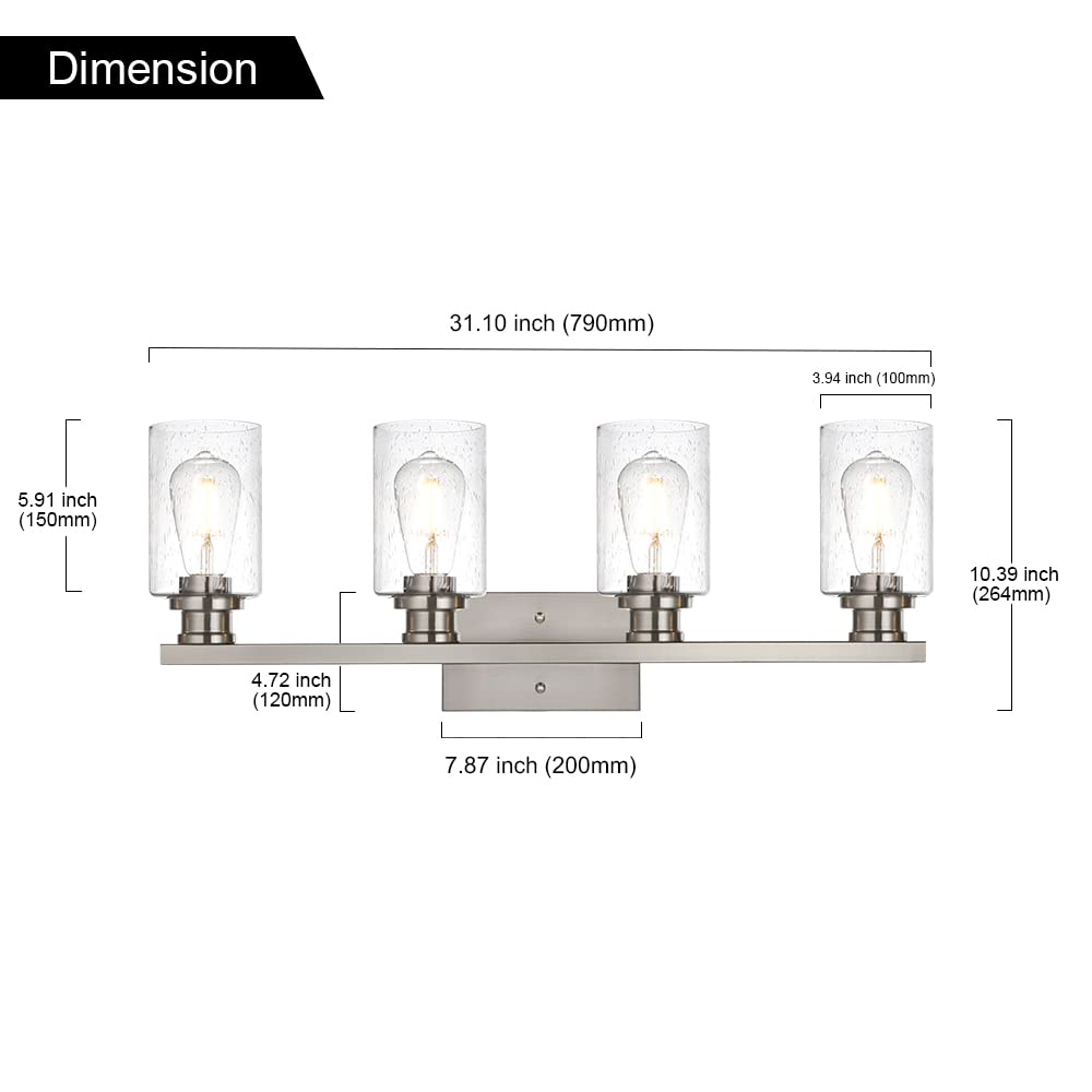 VINLUZ 4-Light Brushed Nickel Vanity Light Fixture - Industrial Bathroom Wall Sconce with Seeded Glass Shade for Mirror, Dressing Table, Porch & Bedroom Lighting - Perfect for Modern Home Decor