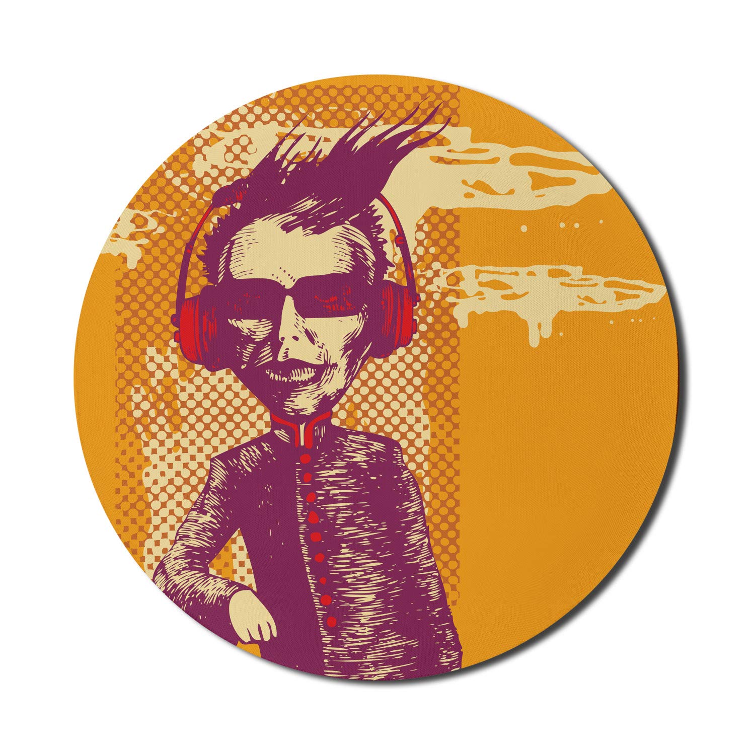 Ambesonne Modern Round Mouse Pad for Computers & Gaming - Non-Slip Thick Rubber Base with Grunge Music Culture Illustration (8 Inch, Marigold Maroon) - Perfect for Office, Gaming & Home Workspace