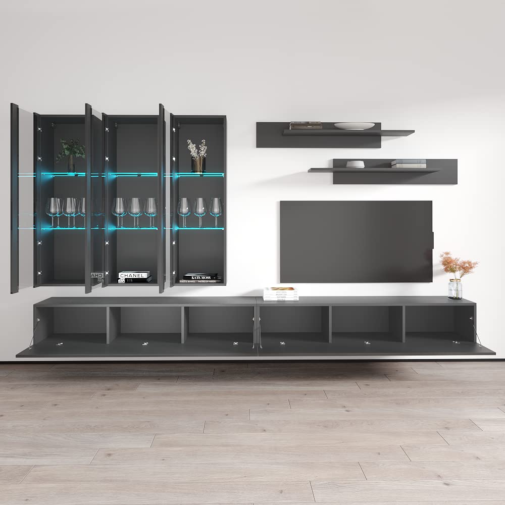 Modern Wall-Mounted TV Stand with Storage & LED Lights - Fly E3 Entertainment Center Console for Bedroom & Living Room - Space-Saving Gray TV Cabinet with Shelves - Perfect for Small Spaces & Home Theater Setup