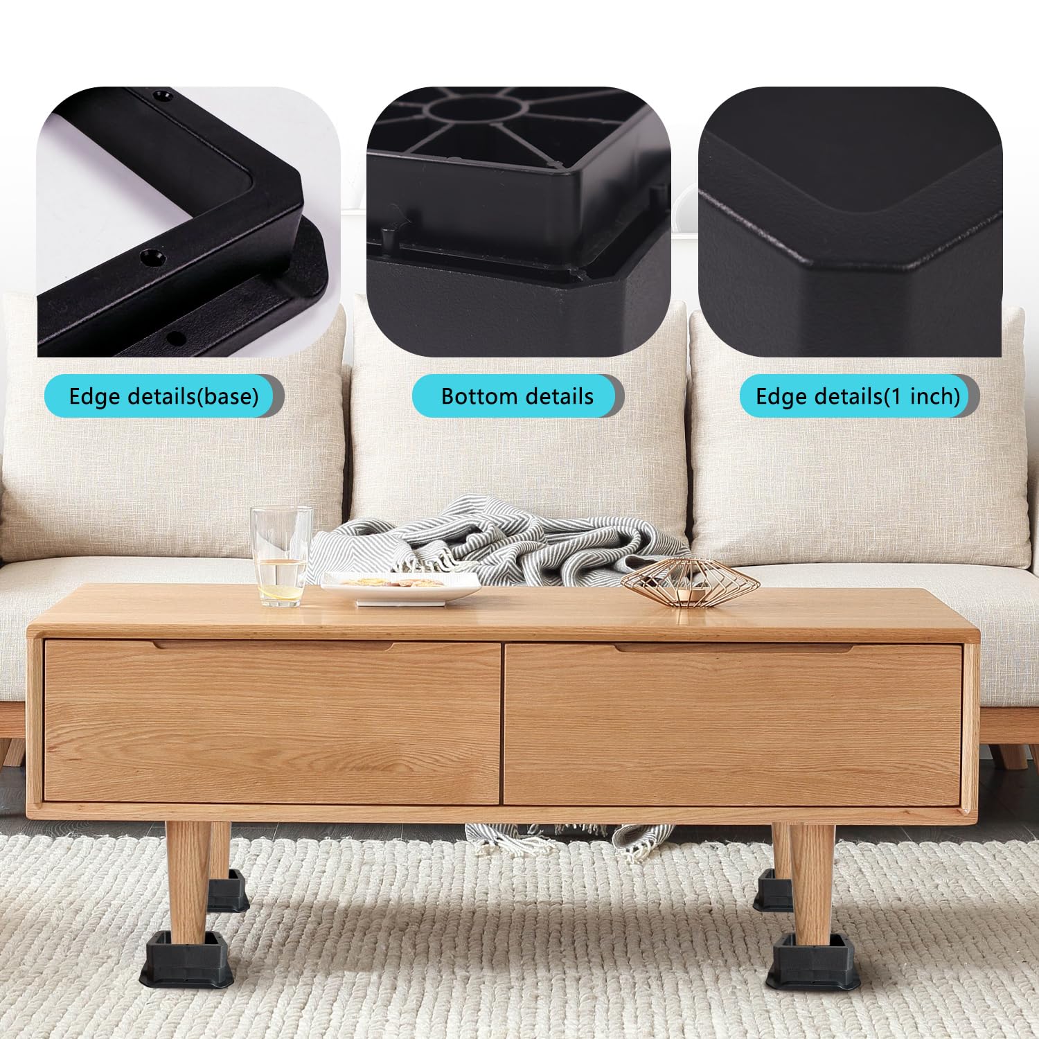 Heavy Duty 1 Inch Bed Risers - Sturdy Bed Frame Lifts for Table, Couch & Dorm Use - Black - Perfect for Extra Storage Space & Adjustable Height (Set of 4)