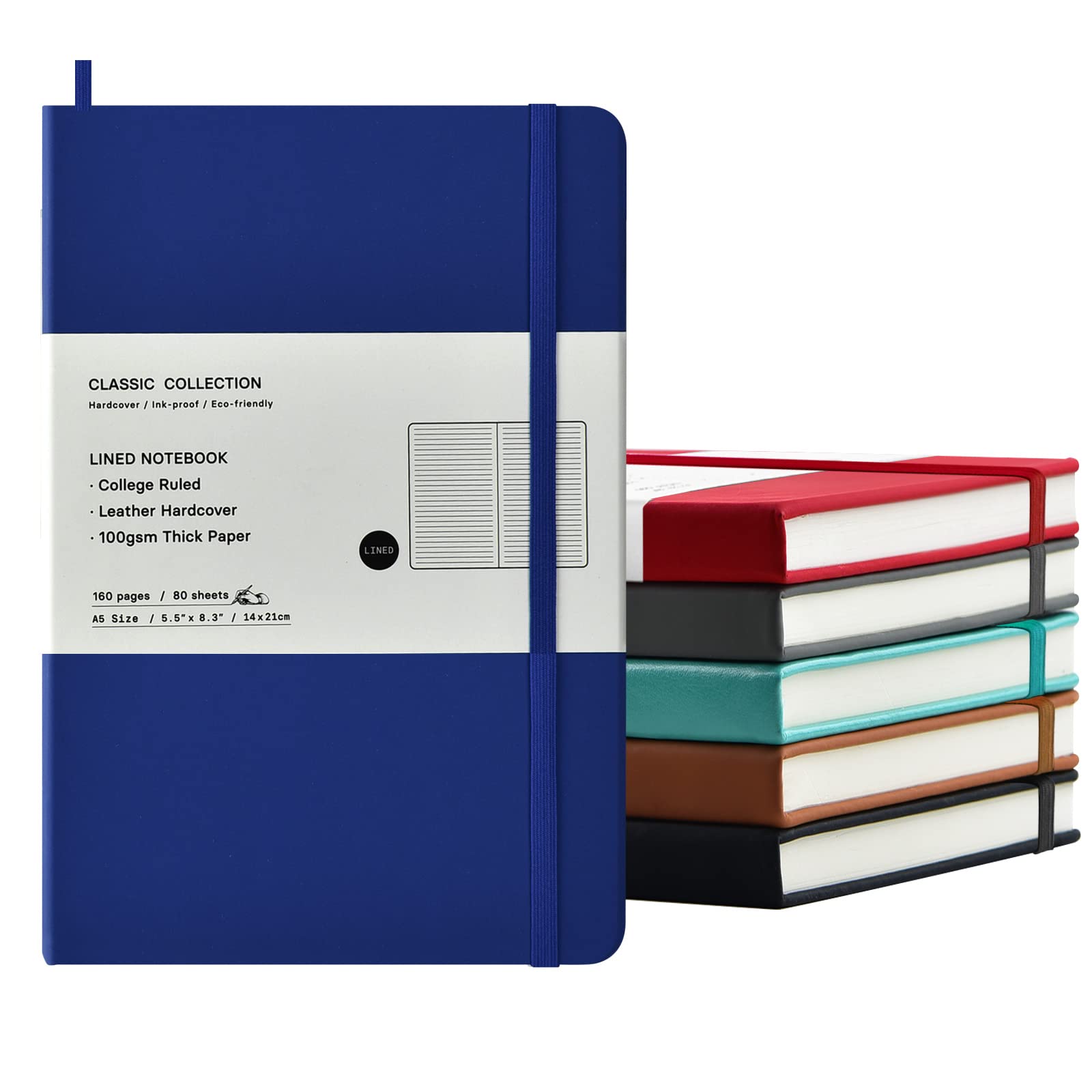 Coopay 6-Pack A5 Hardcover Lined Notebooks - 160 Pages Thick 100GSM Paper, 8.3