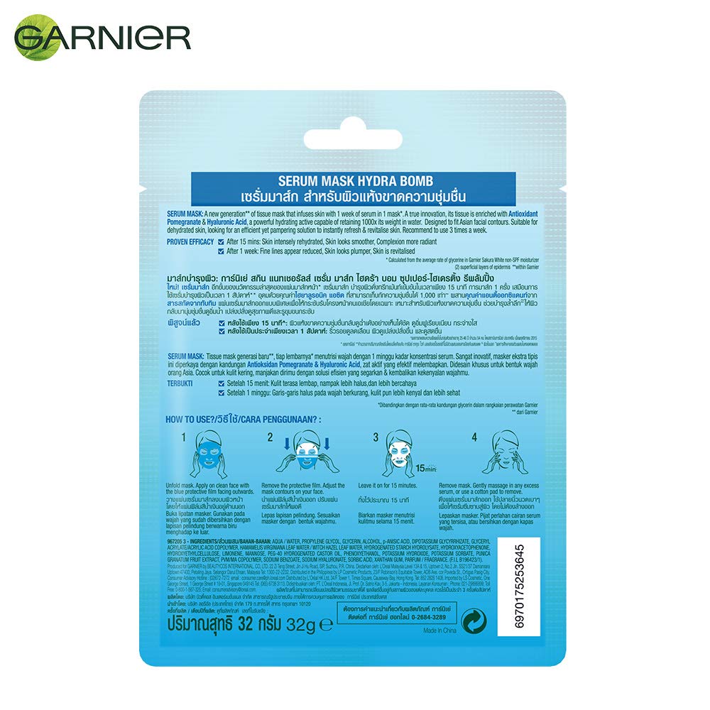 Garnier Skin Naturals Green Tea & Hydra Bomb Face Serum Sheet Mask Set - 32g Each (Green Tea & Hyaluronic Acid) for Hydration & Brightening | At-Home Spa & Self-Care Skincare Routine