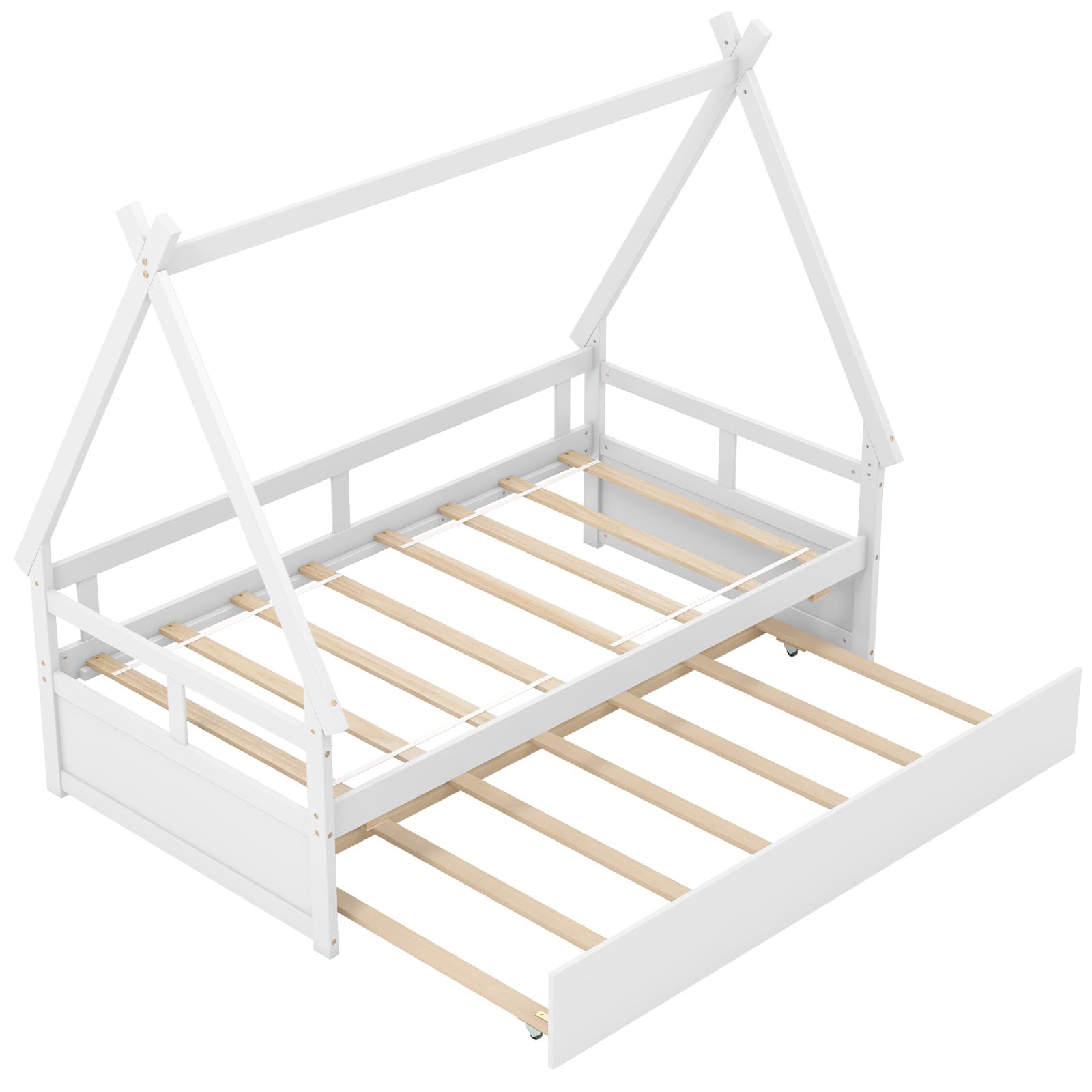 Giantex Twin House Bed with Trundle - Solid Wood Montessori Tent Bed Frame with Safety Guardrail, Low Teepee Bed for Kids & Teens - No Box Spring Needed - Perfect for Bedrooms, Playrooms & Montessori Classrooms (White)