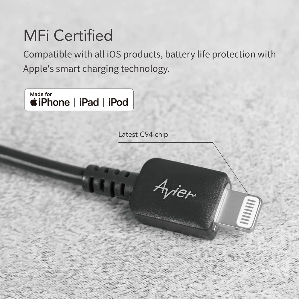 Avier Color Mix 3-Pack USB C to Lightning Cable [3ft/6ft] - MFi Certified Fast Charging Cable for iPhone 12/11/X/8, iPad & AirPods Pro - Power Delivery Charger for Home, Office & Travel (Black)