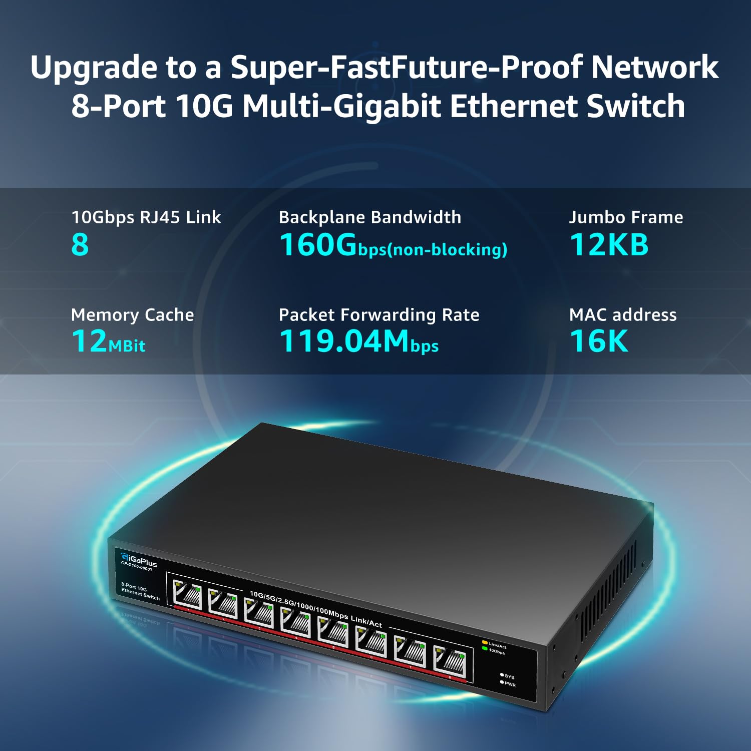 10Gb Ethernet Switch Unmanaged - 8 Port 10Gbe Base-T Network Switch for 10Gbps NAS, WiFi 7 Router & 10Gbps Adapter - Desktop/Rack Mount - Plug & Play - Ideal for Home Office & Data Center Networking