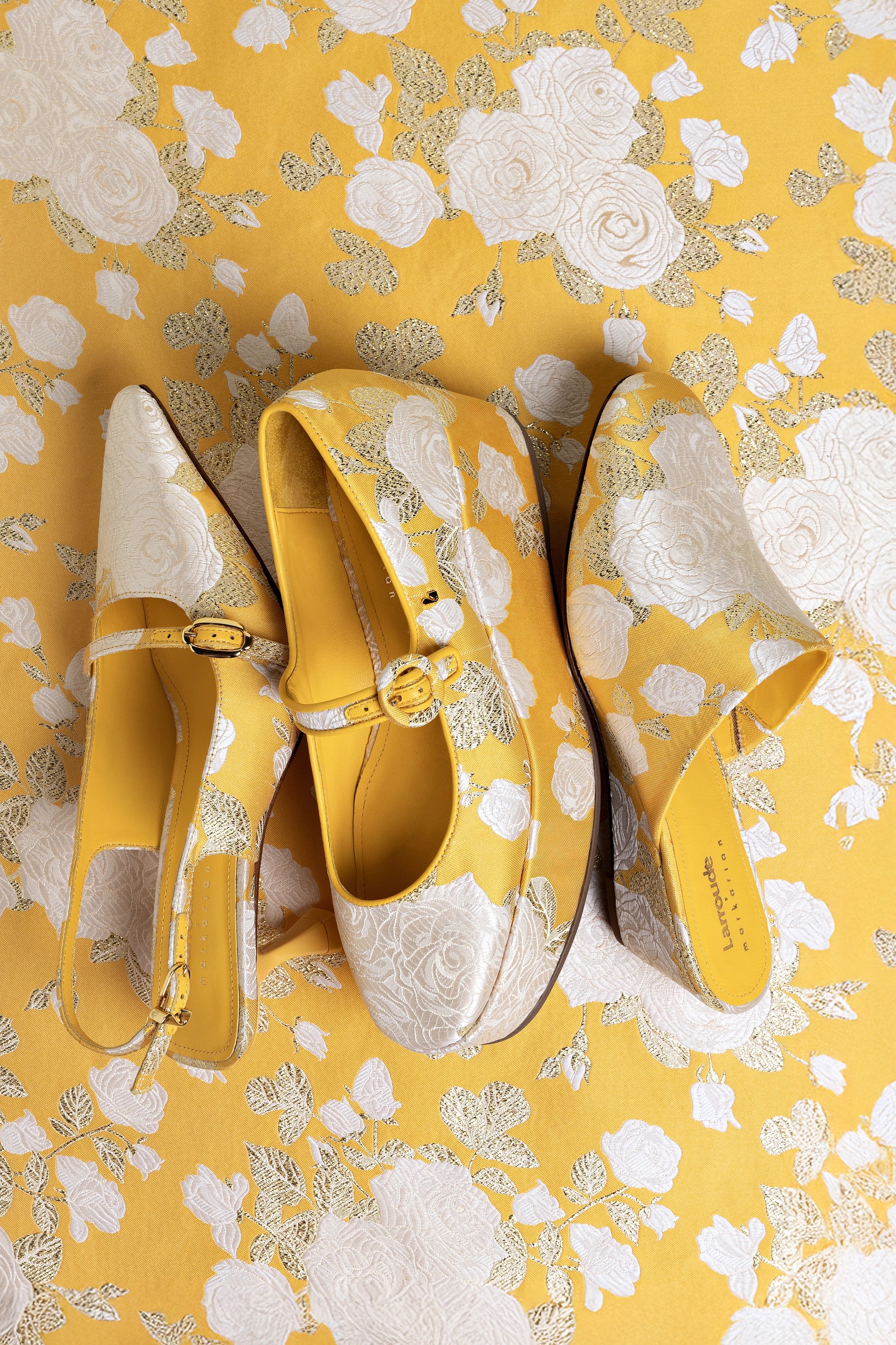 Larroudé x Markarian Venice Wedge Sandals - Yellow Floral Brocade Espadrille Heels for Women | Summer Weddings, Beach Vacations & Boho Outfits
