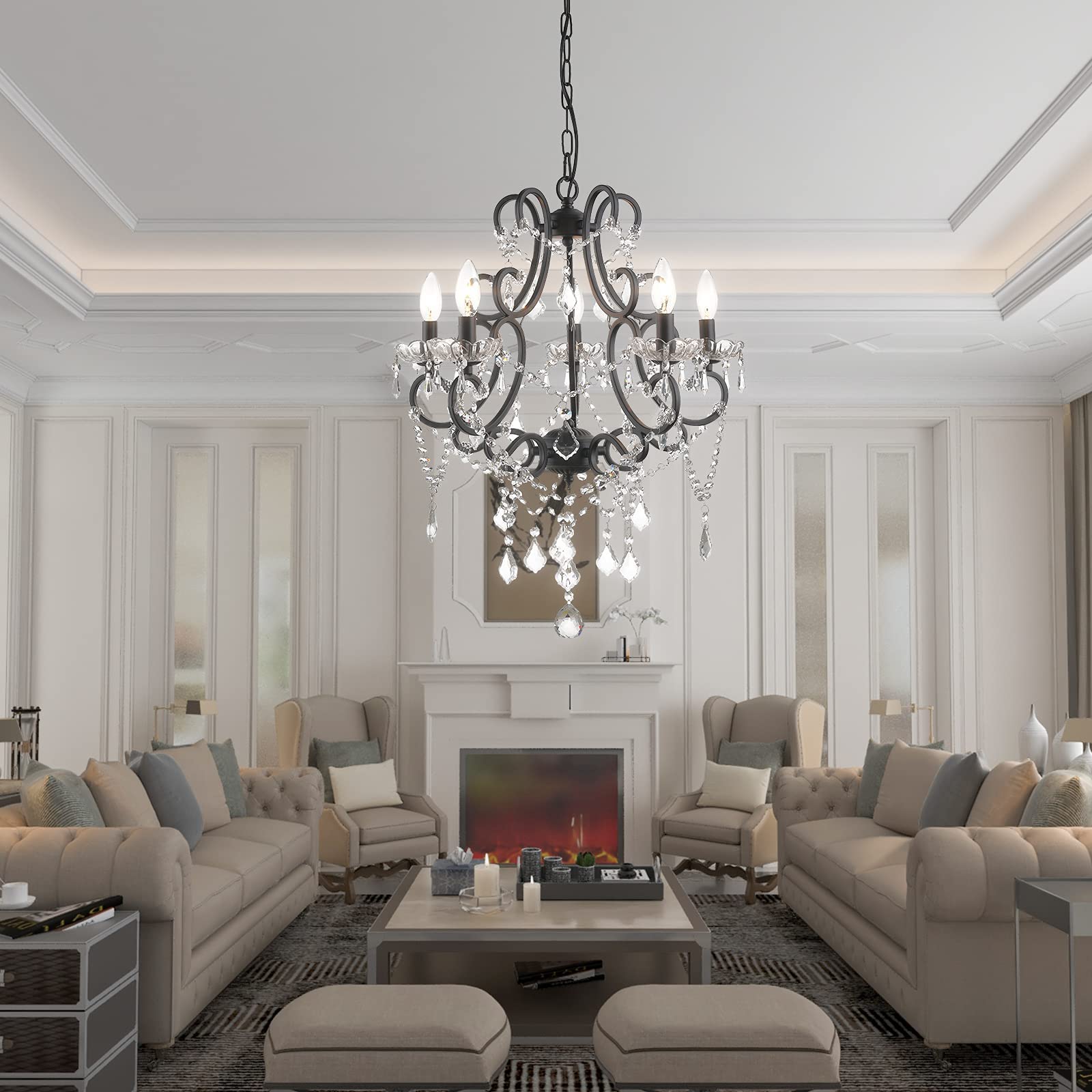 Maxax 5-Light Modern K9 Crystal Chandelier - Elegant Raindrop Candelabra Pendant Ceiling Lamp for Dining Room & Living Room Lighting | Black Finish | Perfect for Home Decor, Wedding Venues & Luxury Interior Design