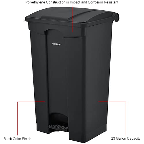 23 Gallon Black Plastic Rectangular Step-On Trash Can for Kitchen, Office & Commercial Use - Heavy Duty Waste Bin with Lid - Global Industrial Garbage Container
