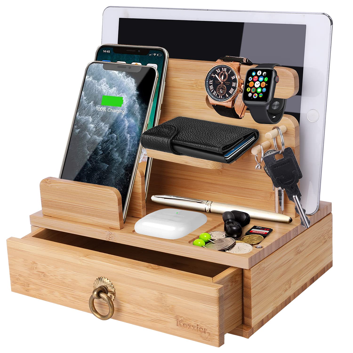 iCozzier Bamboo Multi-Device Charging Station & Organizer - Universal Dock for Apple Watch, AirPods, iPhone, iPad, Tablets & Kindle - Compact Desktop Storage with Drawer for Keys & Accessories - Perfect for Home, Office & Travel Organization