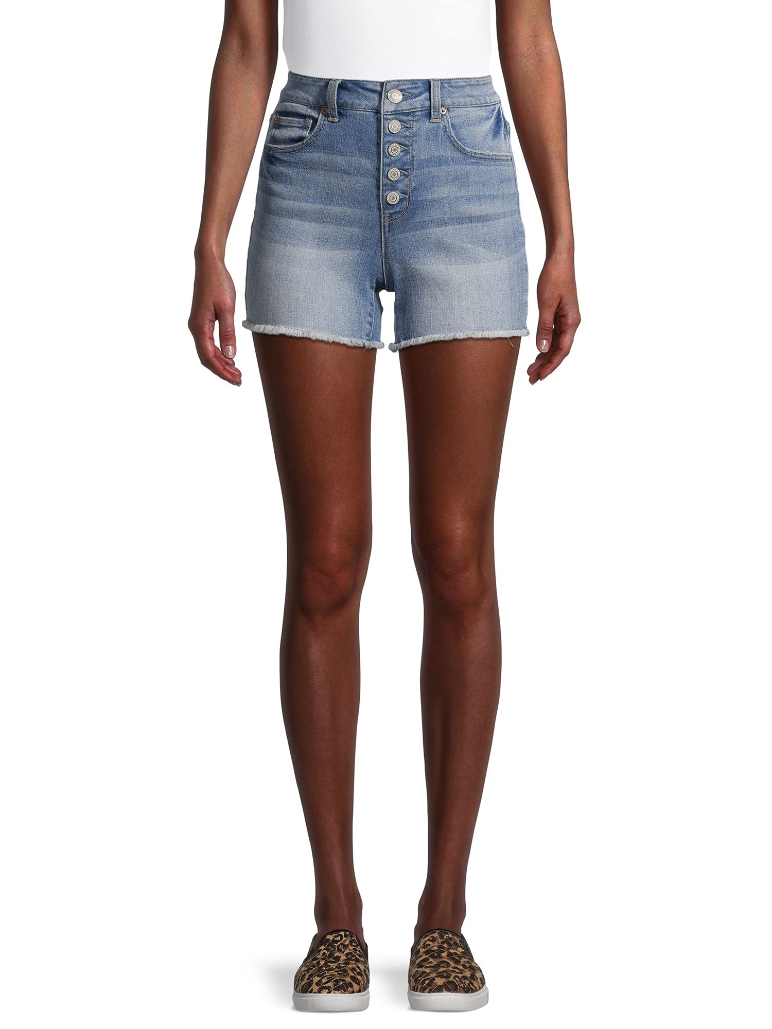 Time and Tru Women's High Rise 5 Button Denim Shorts - Stretch Comfort Fit Vintage Style for Summer, Casual Outfits & Beach Wear