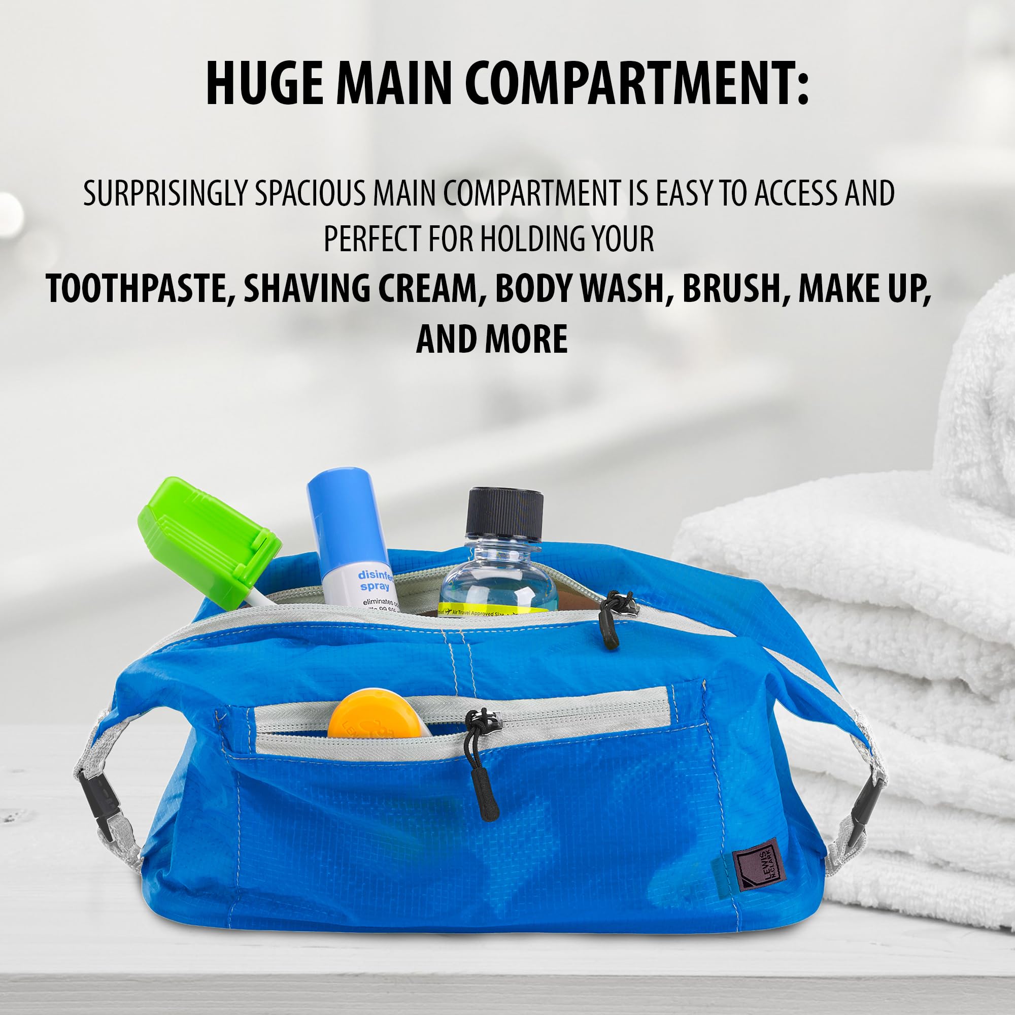 Lewis N Clark Electrolight Waterproof Hanging Toiletry Bag - TSA Approved Travel Cosmetic Organizer for Gym, Bathroom & Camping | Non-Slip Bottom & Multiple Pockets (Bright Blue) - Perfect for Business Trips, Vacation & Daily Use