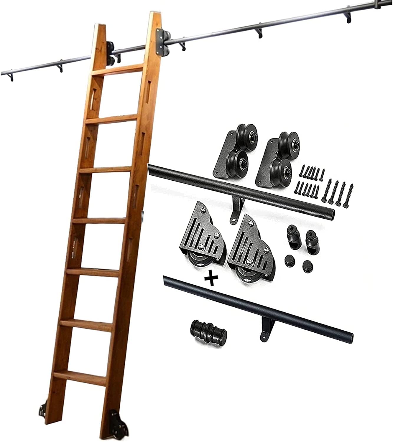 Black Round Tube Rolling Ladder Hardware Kit - Forged Iron Wheel Roller + Extension Rail for Library/Loft/Home/Interior Use, Perfect for Bookshelves, Storage Spaces and Decorative Climbing Accessories
