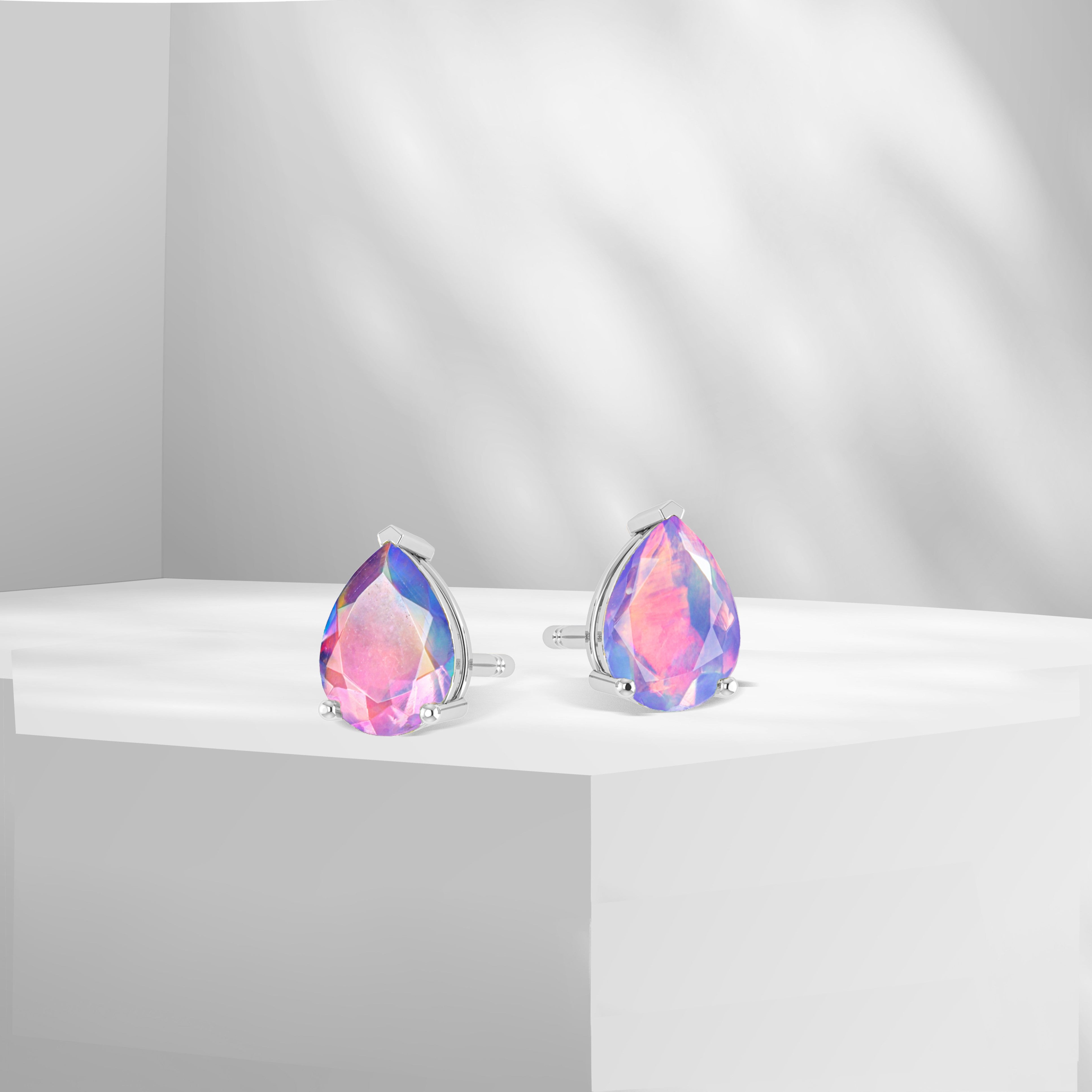 Blue Multi Fire Pear Opal Prong Stud Earrings for Women - Dainty Gemstone Jewelry for Everyday Wear & Special Occasions