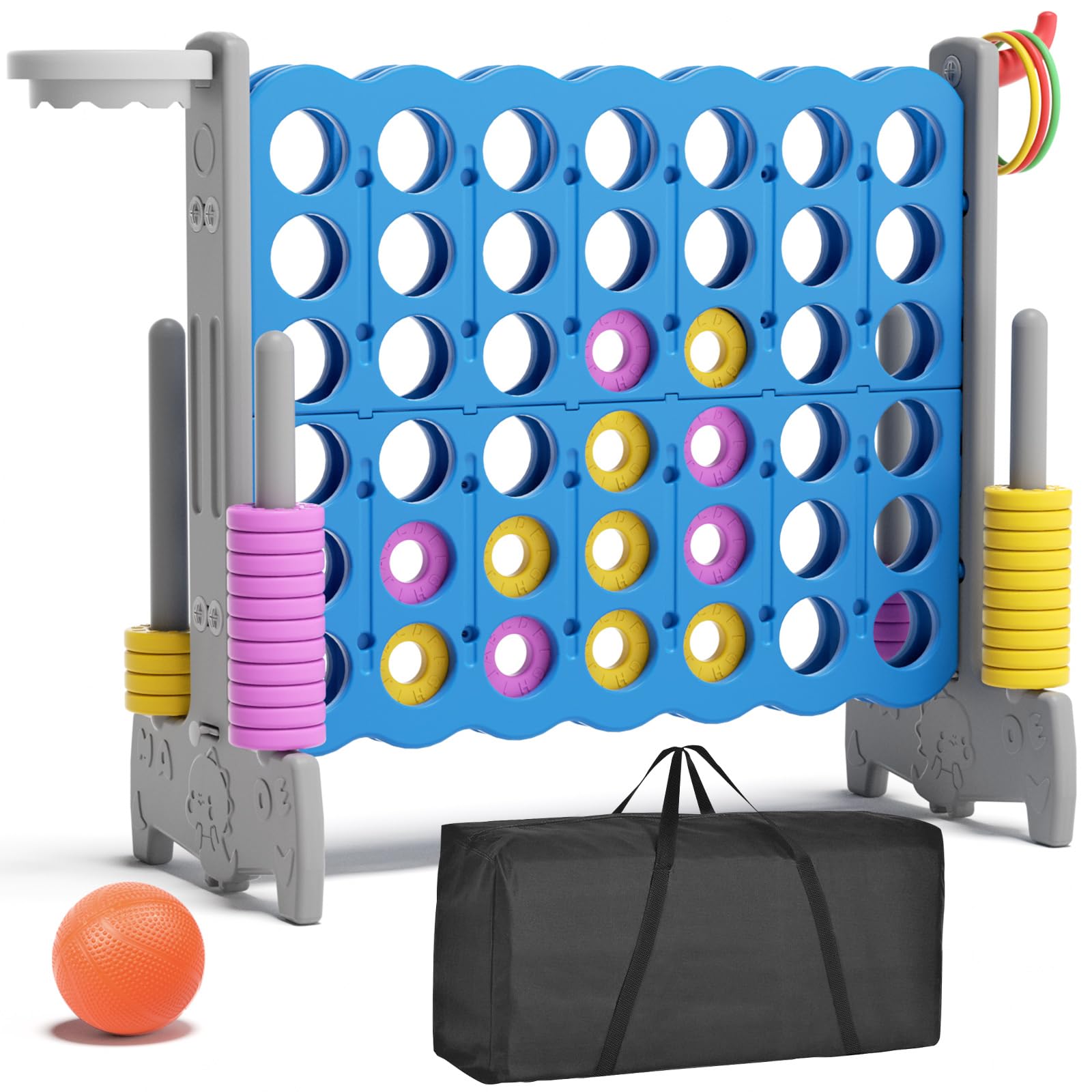 YUFU Giant 4-in-a-Row Connect Game Set with Basketball Hoop & Ball - Jumbo 4-to-Score Outdoor Yard Game with Ring Toss - Fun Family Party Games for Kids & Adults - Perfect for Backyard BBQs, Birthday Parties & Camping Trips