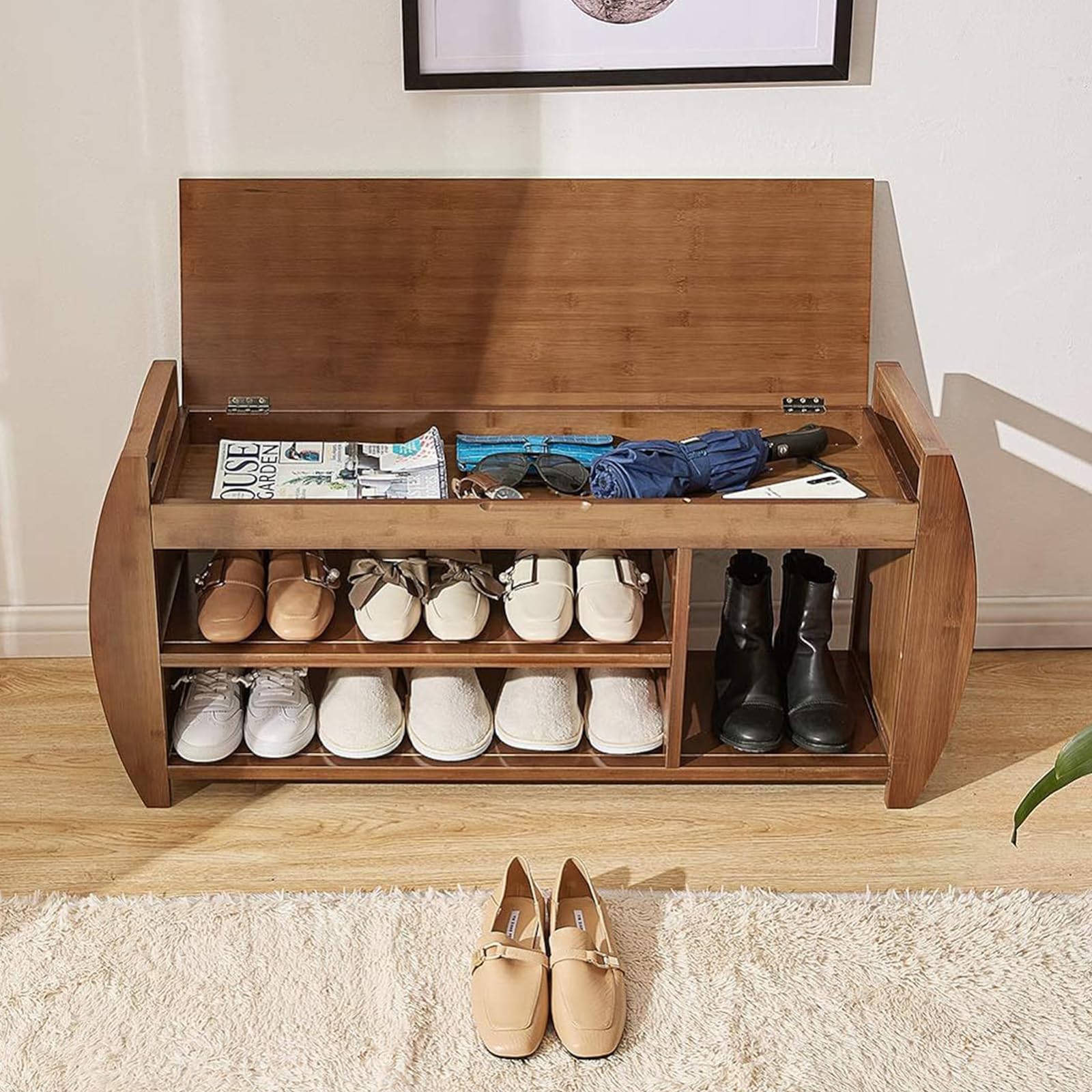 Bamboo Shoe Rack & Shoe Bench with Detachable Cushion - Entryway Storage Organizer for Hallway, Bathroom, Living Room & Garden - Multi-Functional Furniture with Hidden Storage Compartment | Perfect for Small Spaces, Home Organization & Entryway Decor