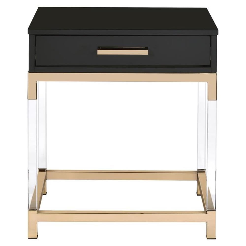 Acme Adiel Rectangular Wooden End Table with Storage Drawer - Black & Gold Nightstand for Bedroom, Living Room & Office