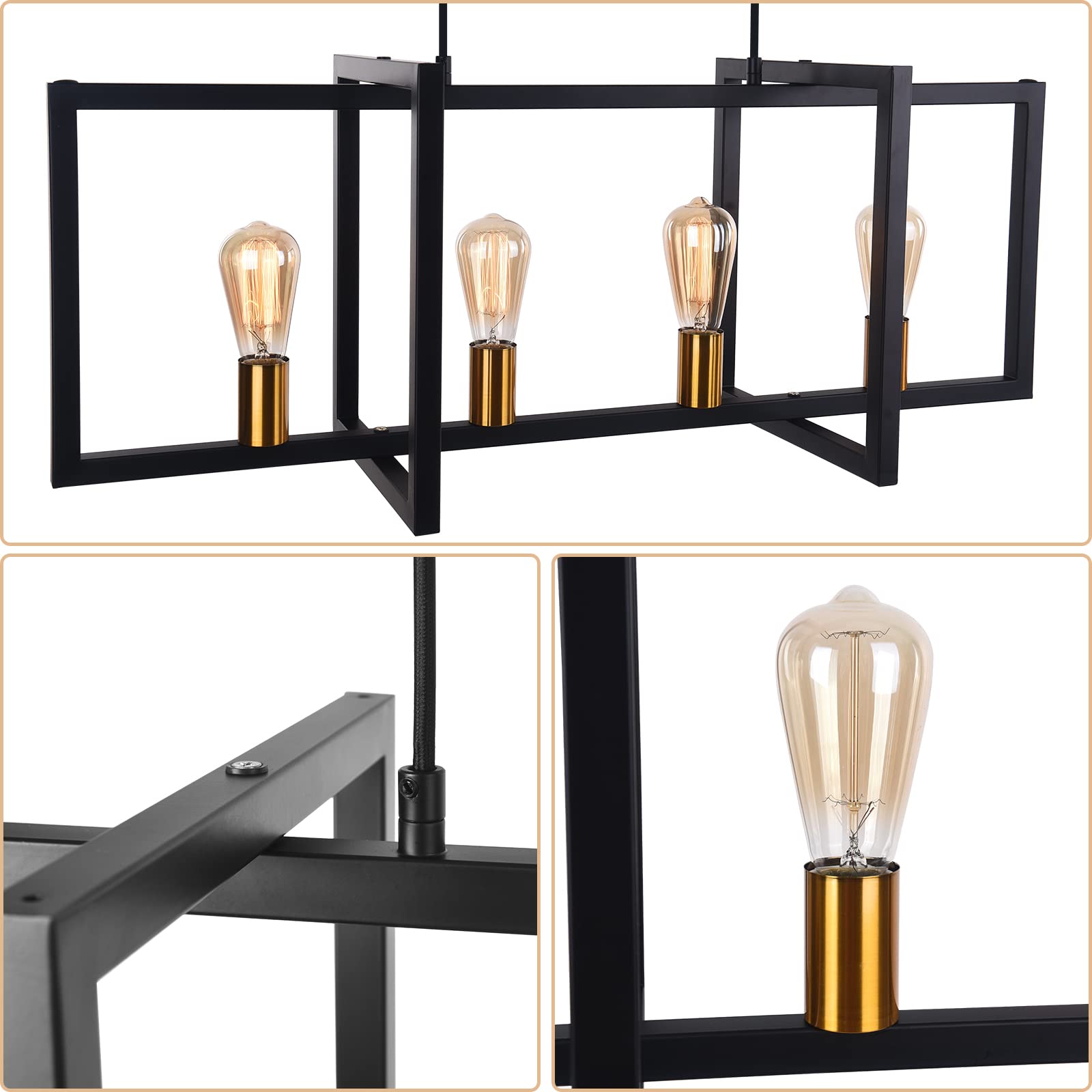 Modern 4-Light Industrial Pendant Lighting Fixture - Antique Brass Finish Linear Hanging Light for Kitchen Island, Dining Room & Bar Counter