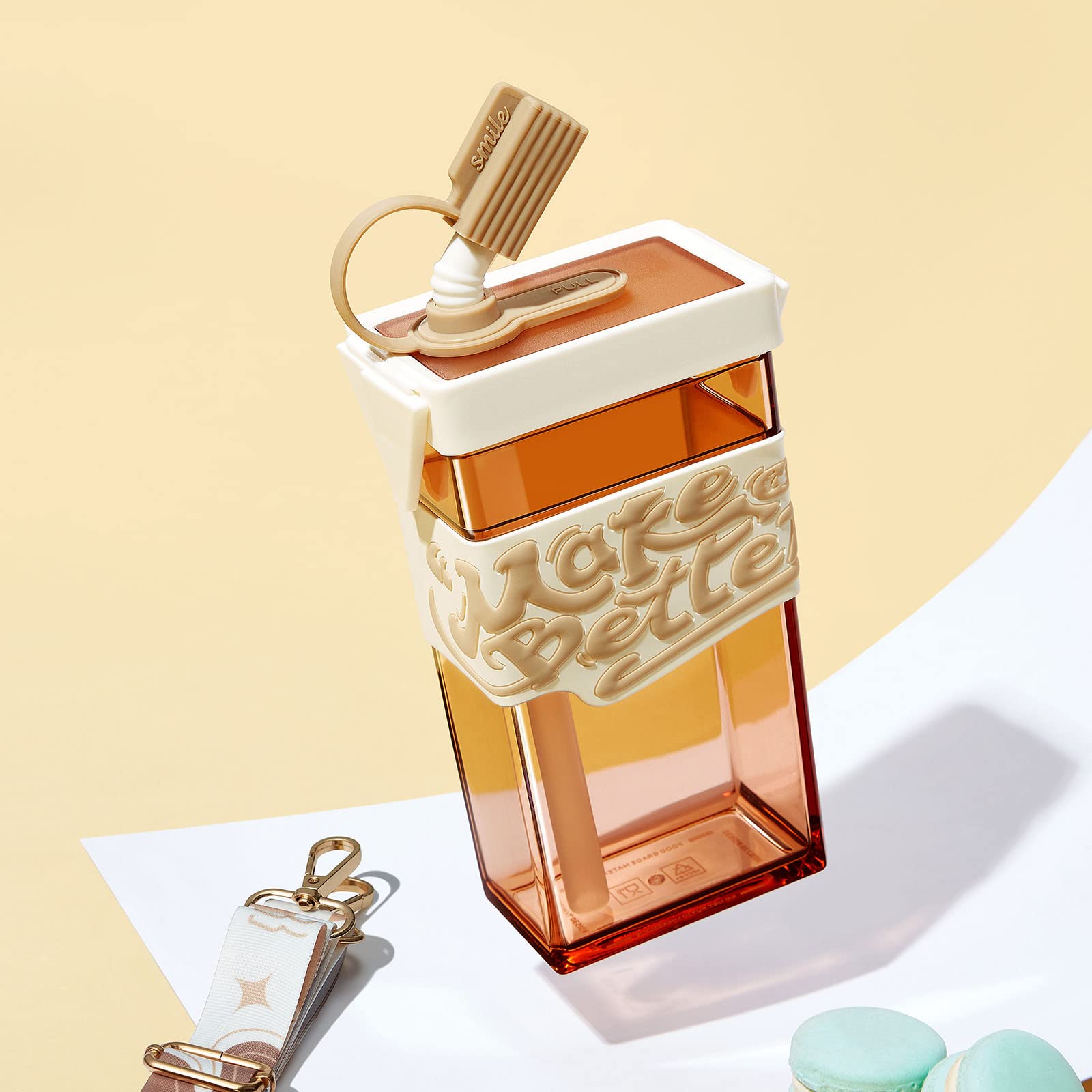 Little Yifini Kawaii Straw Water Bottle - Portable Square Water Bottle with Straps for Indoor & Outdoor Use, Trendy Fruit Color Design - Perfect for Women, Girls & Boys (Brown) | Great for School, Gym, Travel & Everyday Hydration