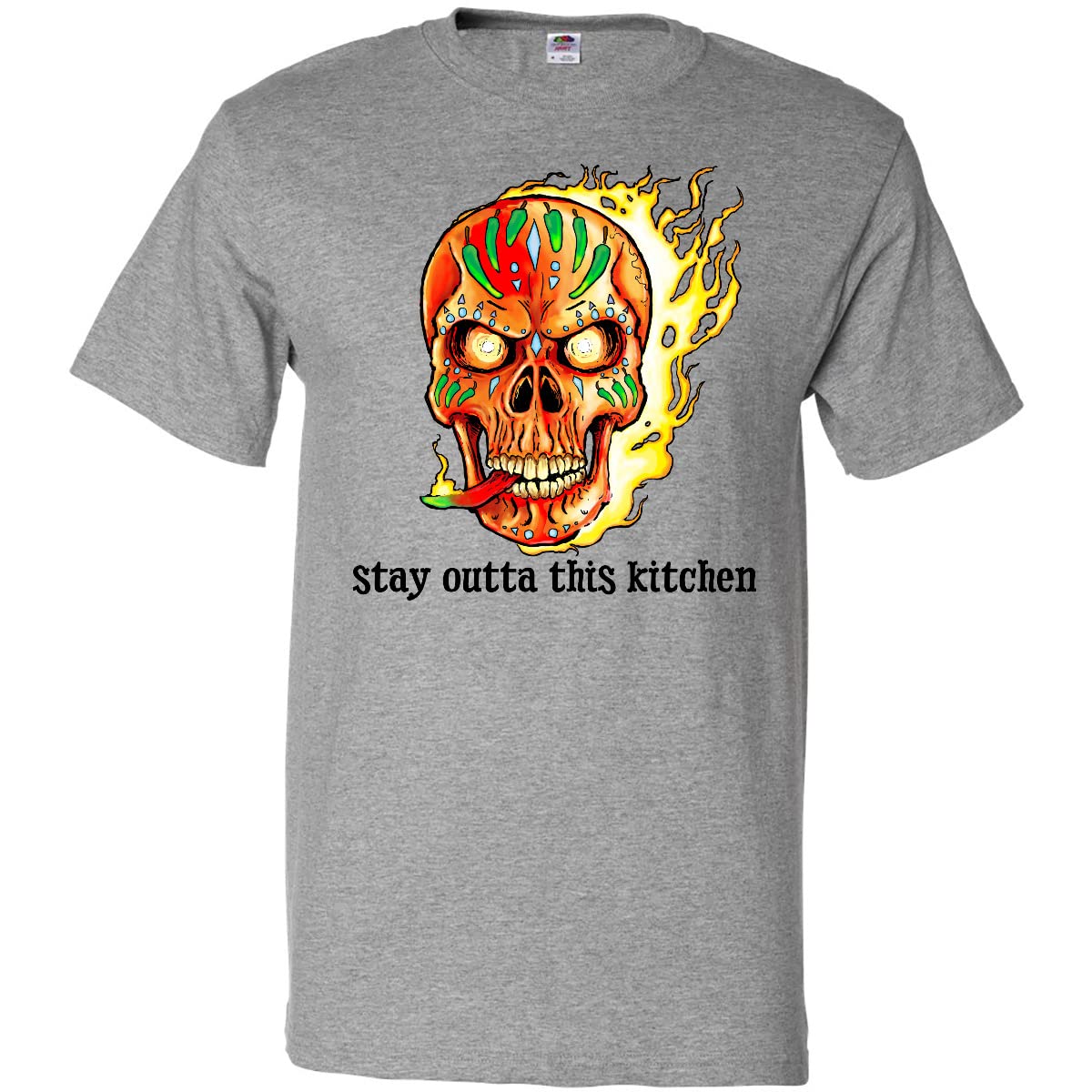 Inktastic Fire Skull Stay Outta This Kitchen Graphic T-Shirt for Men & Women - Cool Vintage Style Tee for Cooking Enthusiasts, Halloween Costumes, and Rock Music Fans