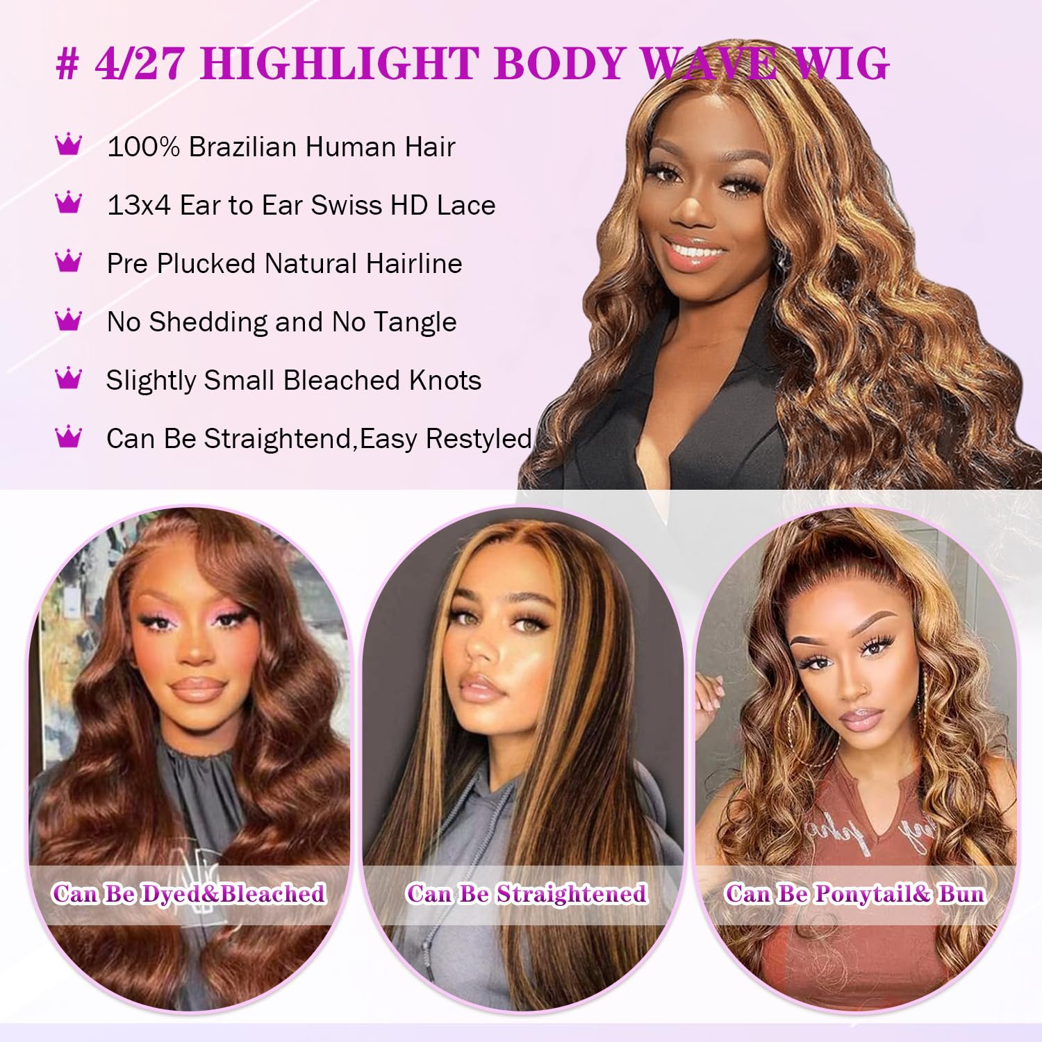 13x4 HD Ombre Lace Front Human Hair Wig - 30 Inch Body Wave with Baby Hair & Pre-Plucked Hairline | 180% Density Glueless Lace Wig for Daily Wear, Parties & Special Occasions
