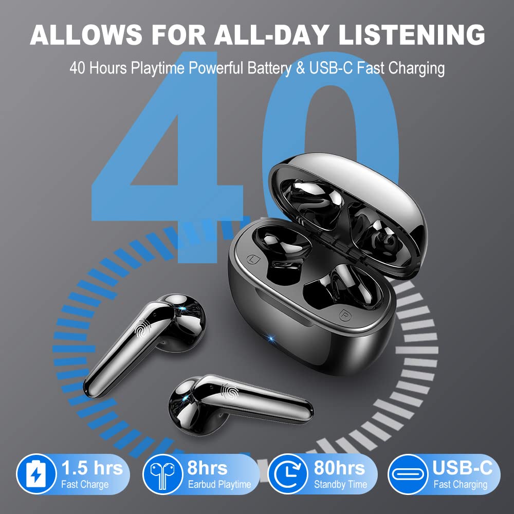 2023 Wireless Earbuds Bluetooth 5.3 with 4 Mics ENC Noise Cancelling, 40H Playtime HiFi Stereo Deep Bass IP7 Waterproof USB-C In-Ear Headphones - Perfect for Gym, Running, Travel & Work Calls