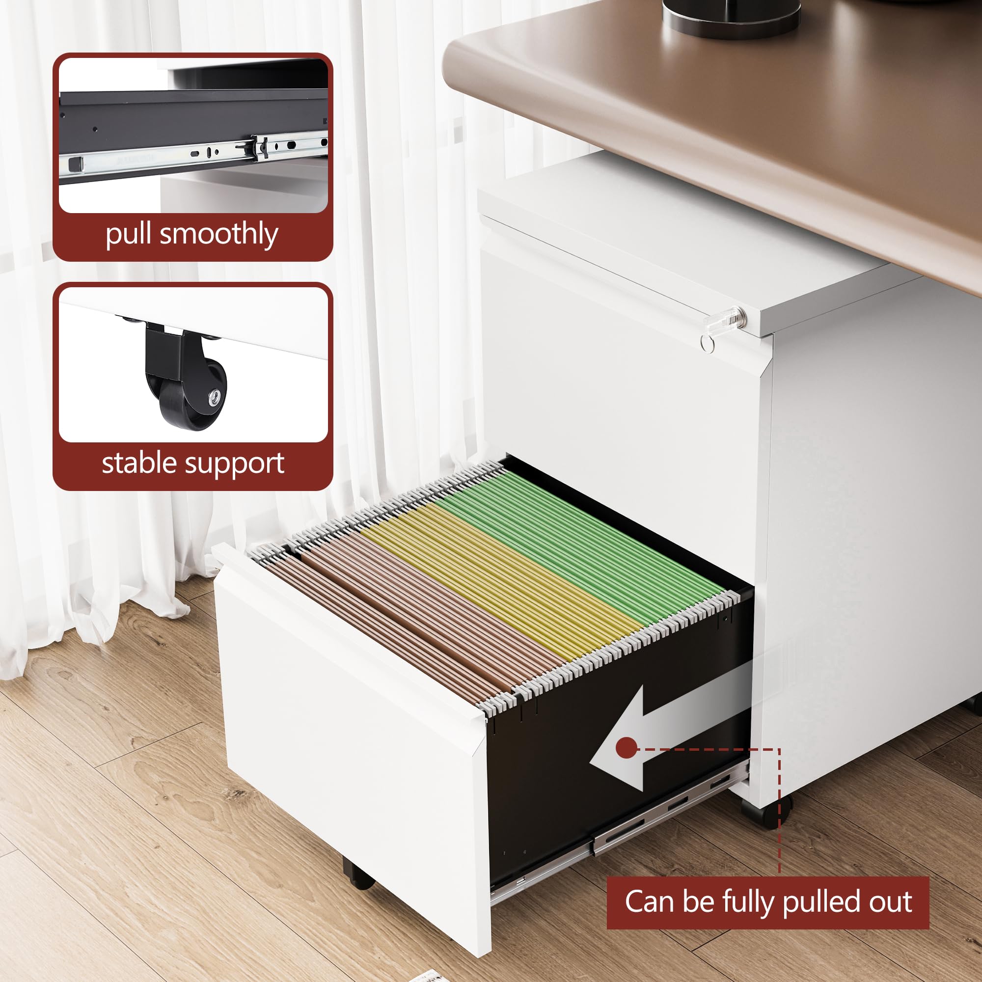 2 Drawer Mobile File Cabinet with Lock & Wheels - Fully Assembled Metal Under Desk Storage for A4/Letter/Legal Size Documents - Perfect for Office, Home & Workspace Organization (White)