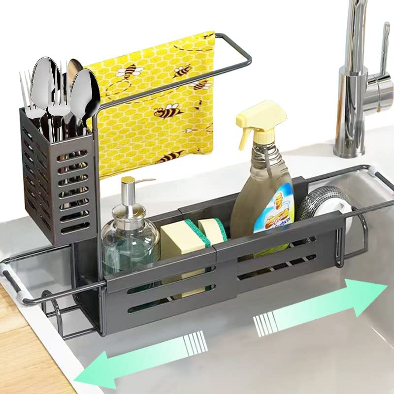 Expandable Stainless Steel Sink Organizer with Dishcloth Holder & Brush Basket - Adjustable Kitchen Sink Storage Rack for Sponge, Cutlery & Cleaning Supplies | Rustproof Sink Shelf for Small Spaces (Black) - Perfect for Apartments, RVs & Compact Kitchens