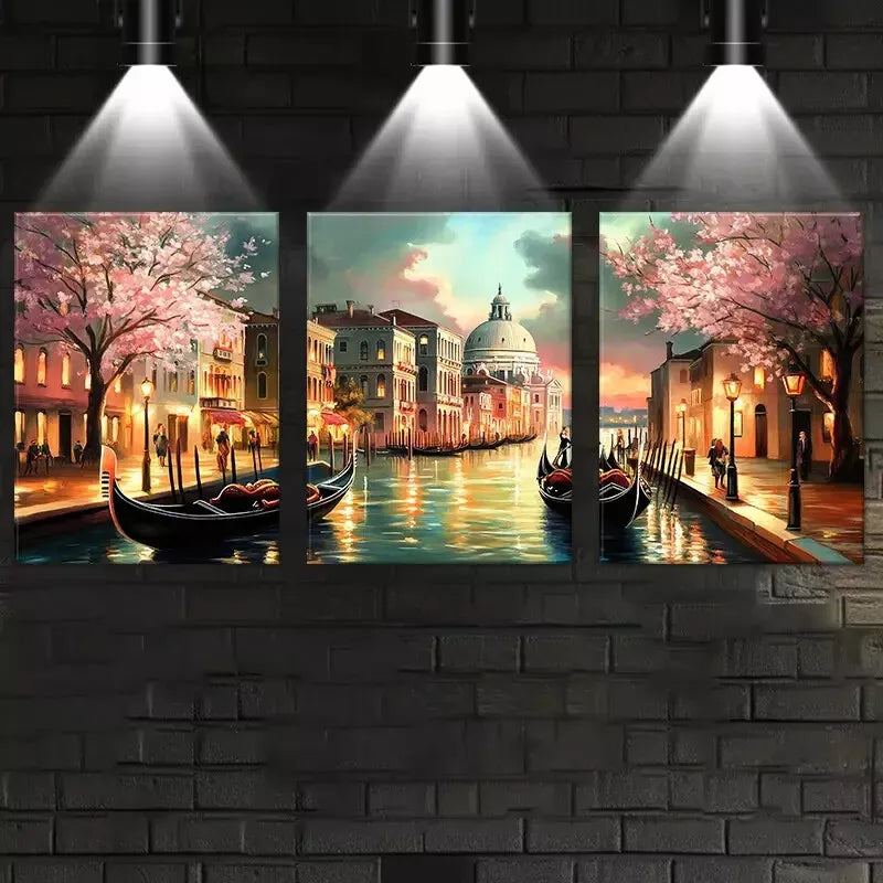3-Piece Beautiful Longed Water City & Pink Trees Art Set - 50x70cm Framed Canvas Wall Art - High Quality Print, 100% Australian Made - Ready to Hang - Perfect for Living Room, Bedroom & Office Decor
