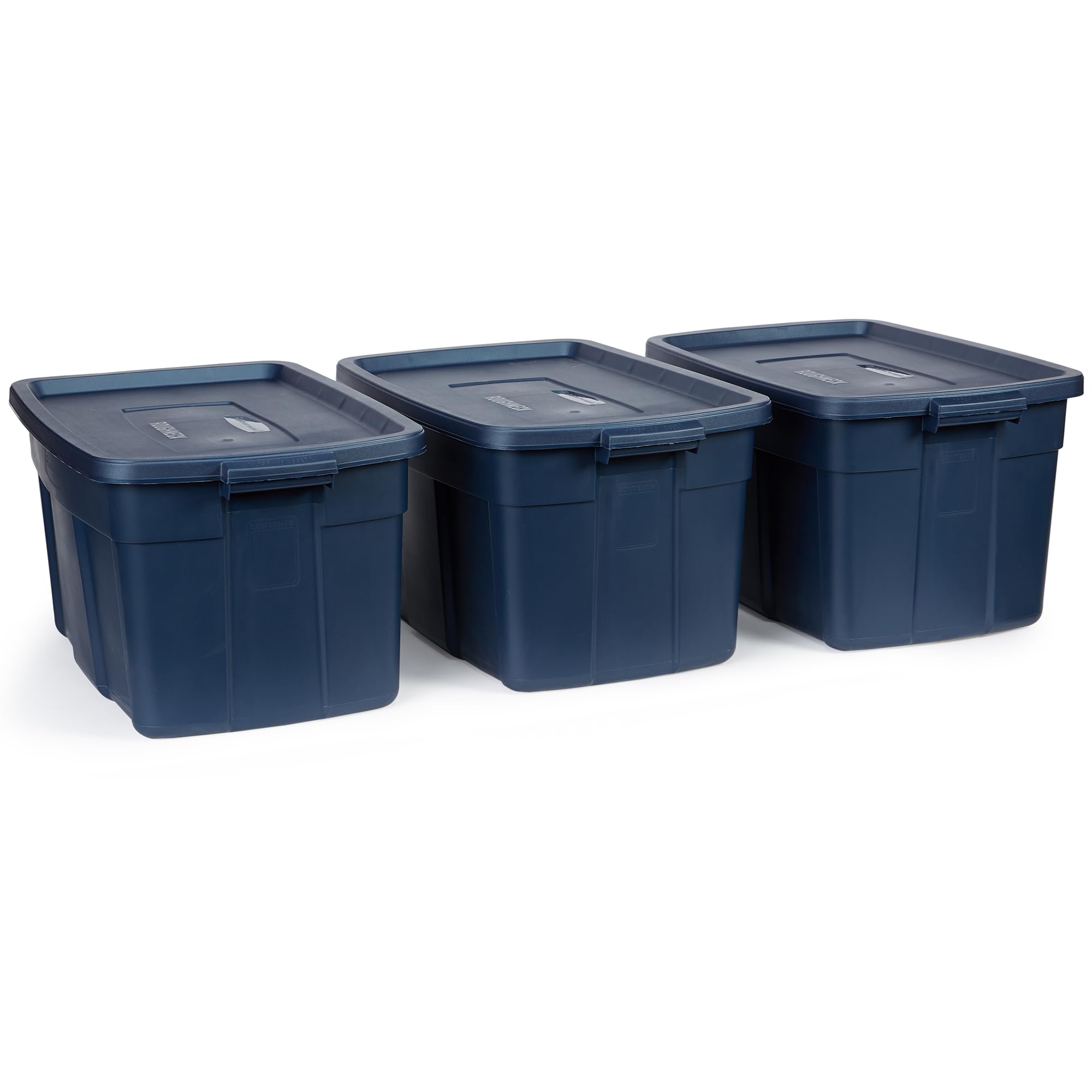 Rubbermaid Roughneck Tote 31 Gallon Storage Bins - 3 Pack Stackable Plastic Containers with Lids & Handles | Heavy-Duty Made in USA | Dark Indigo Metallic | Perfect for Garage Organization, Home Storage & Moving Supplies