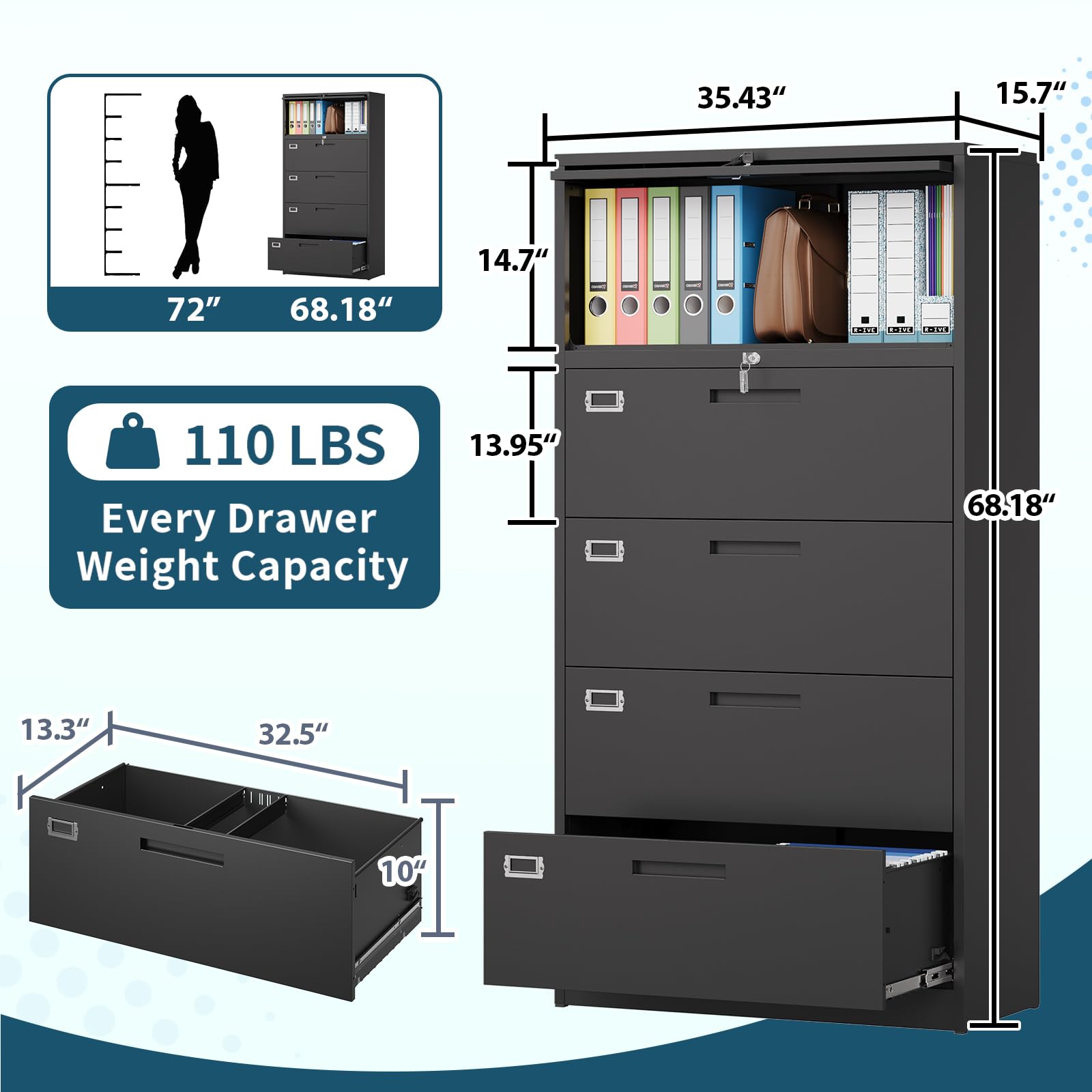 MIIIKO 4-Drawer Metal Lateral File Cabinet with Lock & Top Shelf - Secure Home Office Storage Organizer for Documents, Folders & Supplies | Perfect for Office, Study Room or Workspace Organization