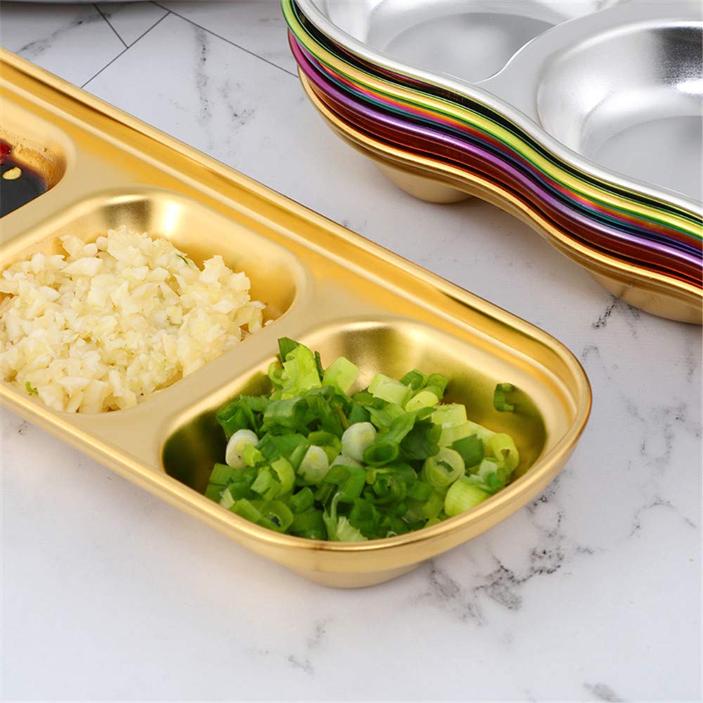 4-Piece Stainless Steel Dipping Sauce Bowls Set - 3-Compartment Appetizer Serving Trays for BBQ, Hot Pot, Sushi, Snacks & Party Plating (Dishwasher Safe, Rainbow Color) - Perfect for Entertaining, Restaurants & Family Gatherings