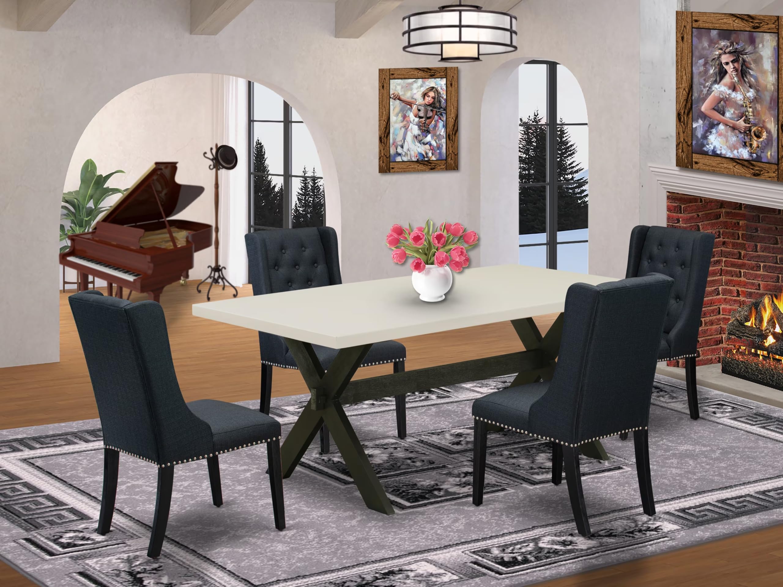 East West Furniture 5-Piece Kitchen Dining Set - 40x72 Inch Rectangle Table with X-Legs & 4 Black Linen Chairs | Modern Dining Room Furniture for Small Spaces | Perfect for Family Meals, Dinner Parties & Apartment Living
