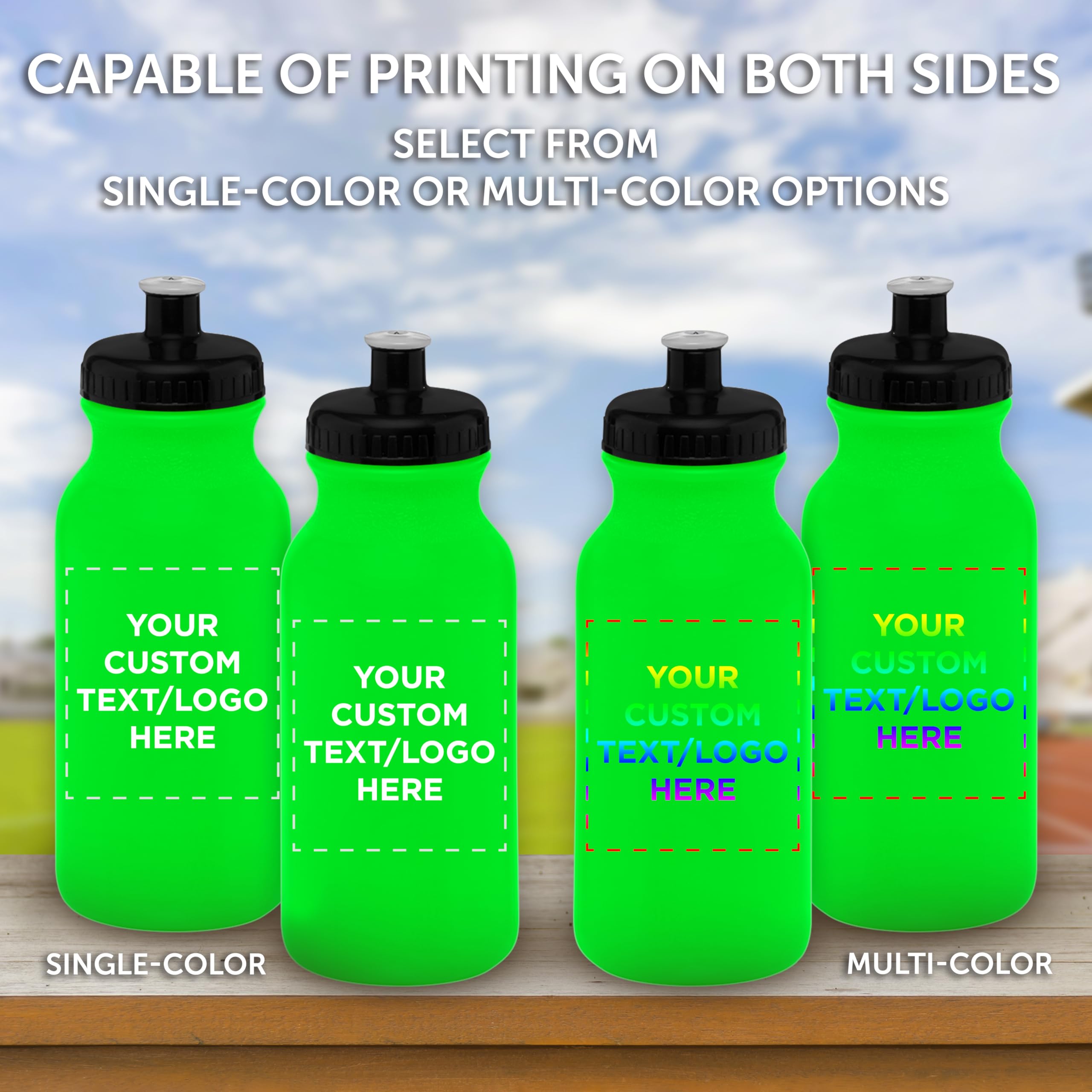 Custom 20 oz. Water Bottles with Push Cap - Bulk Pack of 100 Personalized Neon Green Sport Bottles - Ideal for Gym, Hiking, Camping & Outdoor Activities - Durable Leak-Proof Design for Workouts, Travel & Adventure