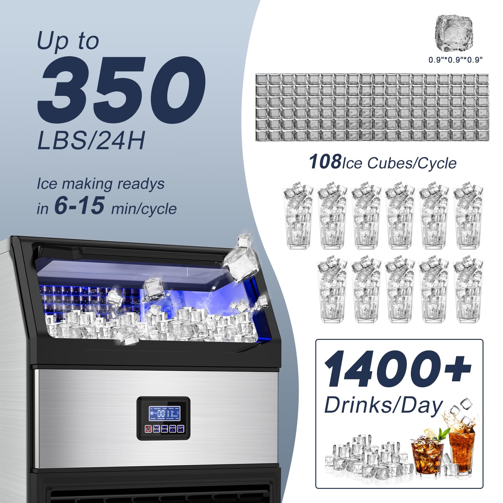 Commercial Ice Maker Machine 300LBS/24H with 75LBS Storage Bin - Stainless Steel Undercounter & Freestanding Ice Maker for Home Bar, Restaurant, Outdoor Use - Produces 108 Ice Cubes per Cycle - Self-Cleaning - Perfect for Parties, Cafes, and Commercial Kitchens