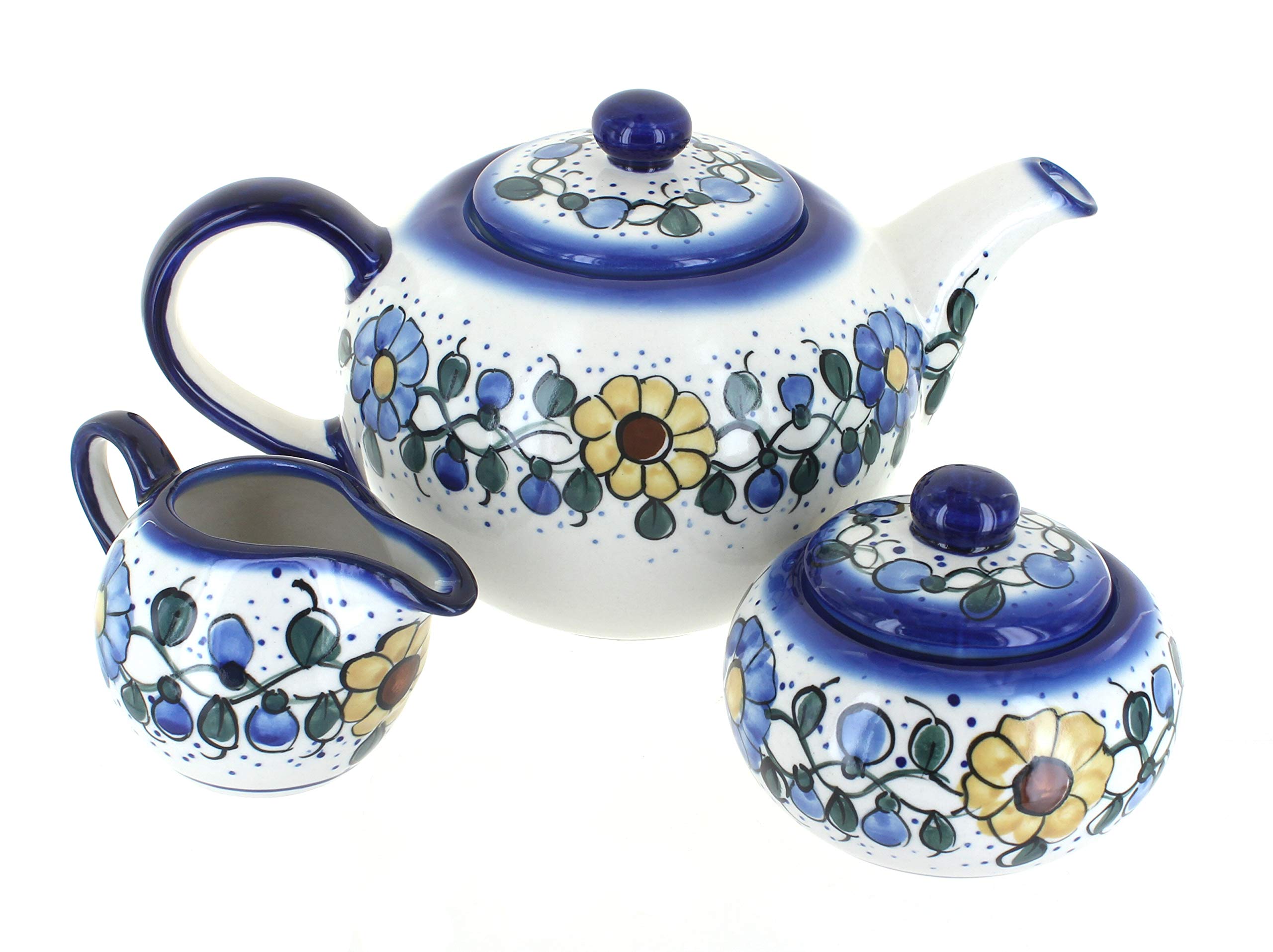Blue Rose Polish Pottery Geranium 3-Piece Tea Set - Handmade Floral Ceramic Teapot with Cups - Perfect for Afternoon Tea, Gifts & Home Decor