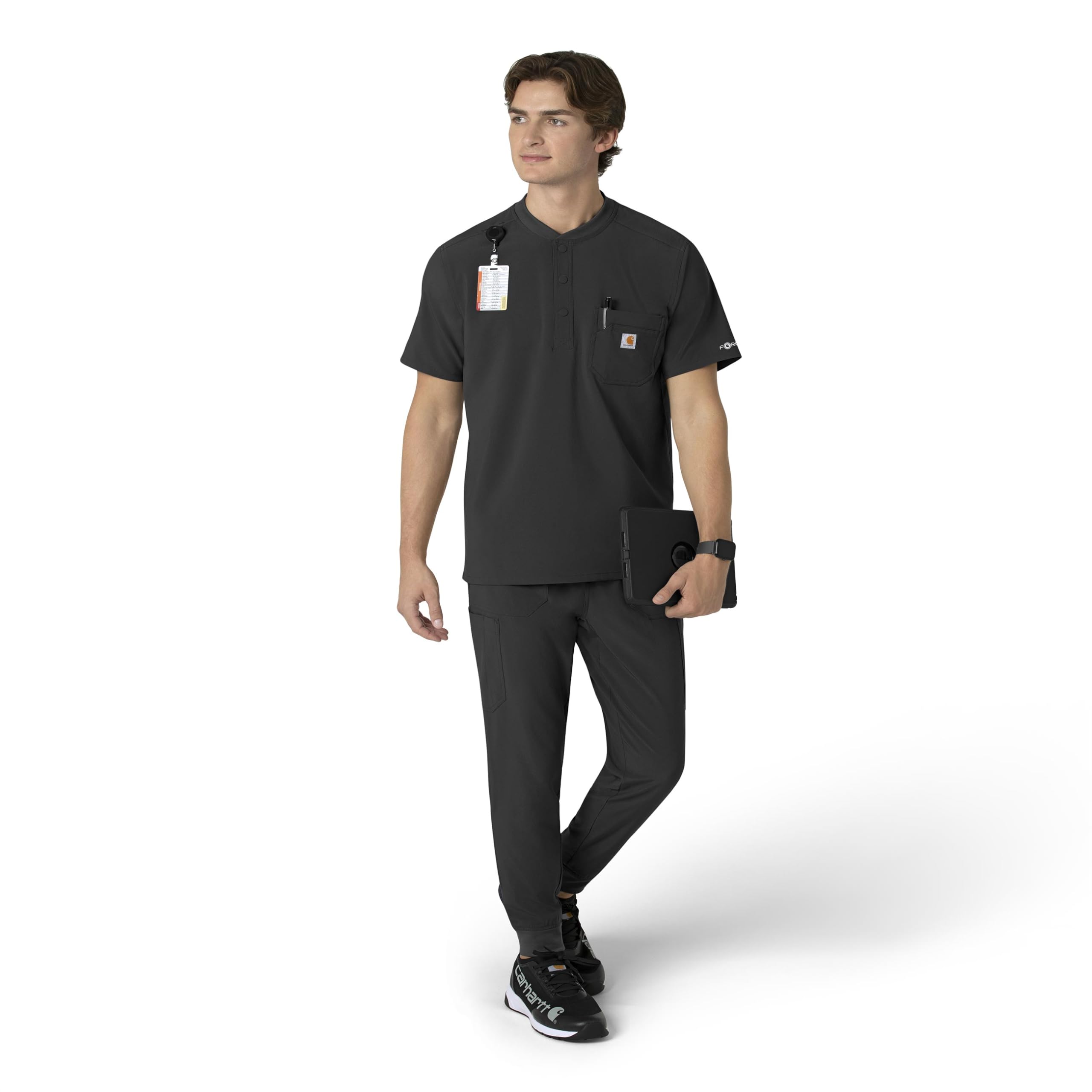 Carhartt Force Cross-Flex Men's Henley Scrub Top - Breathable Stretch Workwear for Medical Professionals - Navy Blue - Ideal for Nurses, Doctors & Healthcare Workers